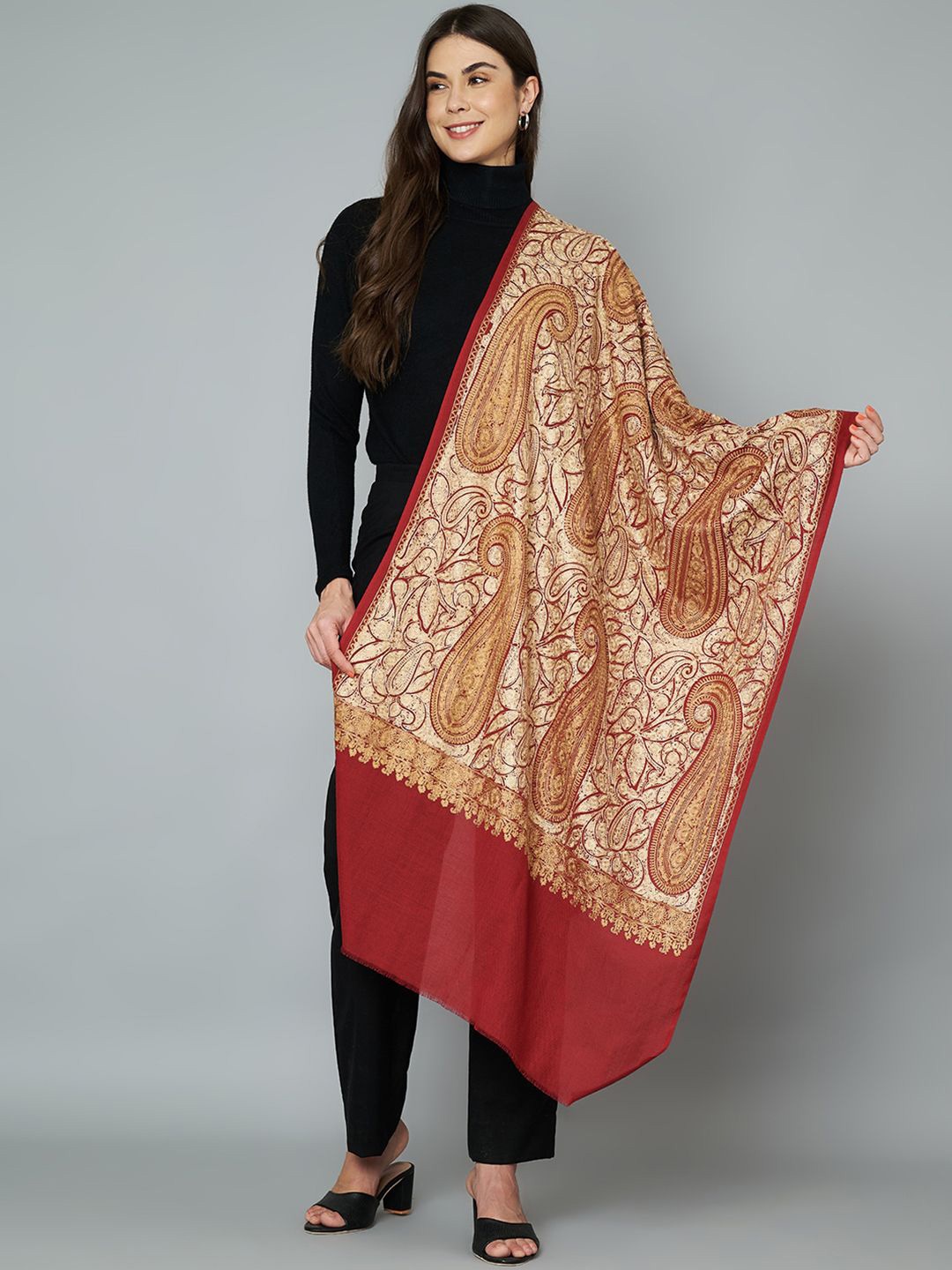 

MUFFLY Women Embroidered Stole, Shawl, Heavy Jaal Design, Rich Thread and Needlework, Maroon