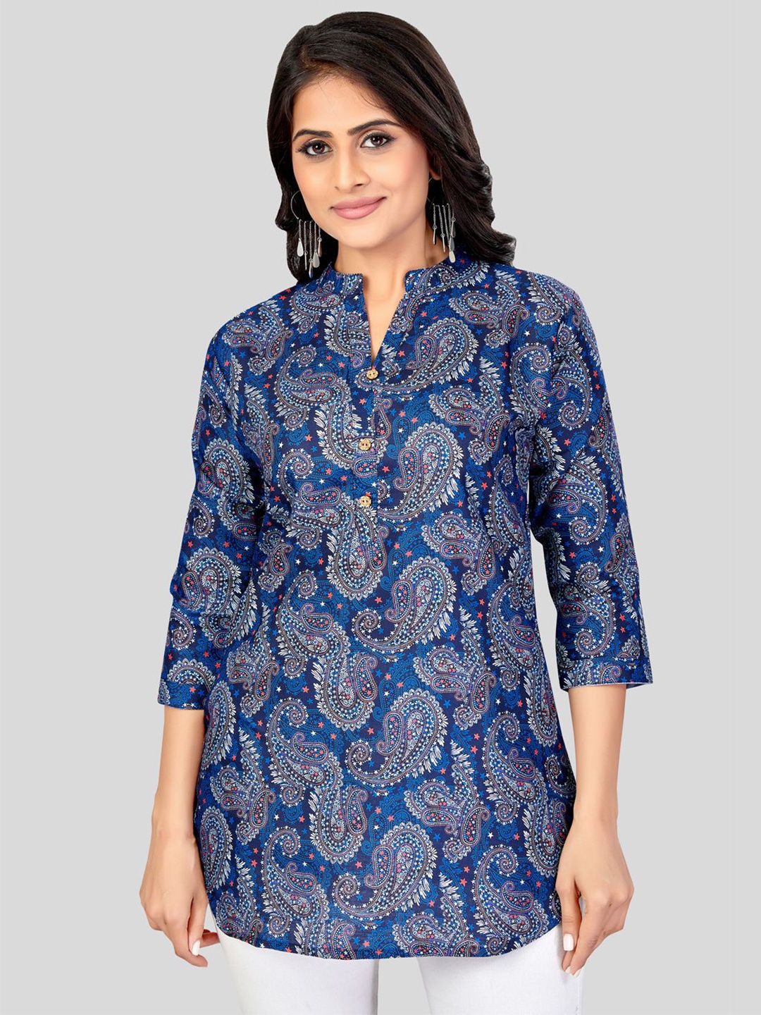 

Saree Swarg Women Mandarin Collar Three-Quarter Sleeves Floral Printed Kurti, Blue