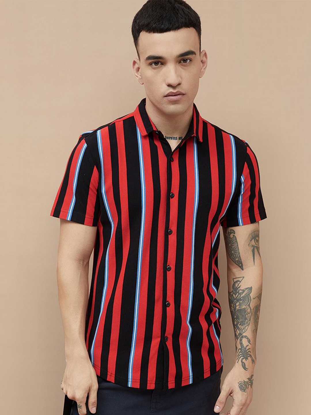 

Bossini Men Spread Collar Vertical Striped Cotton Casual Shirt, Red