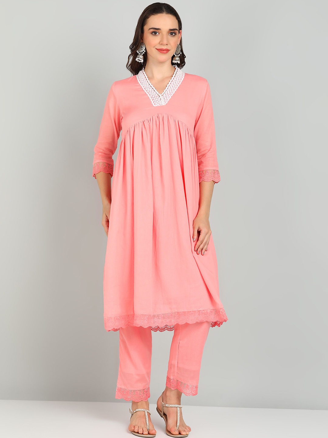 

Shiv ali apparels V Neck Thread Work Pure Cotton A Line Kurta with Trousers, Peach