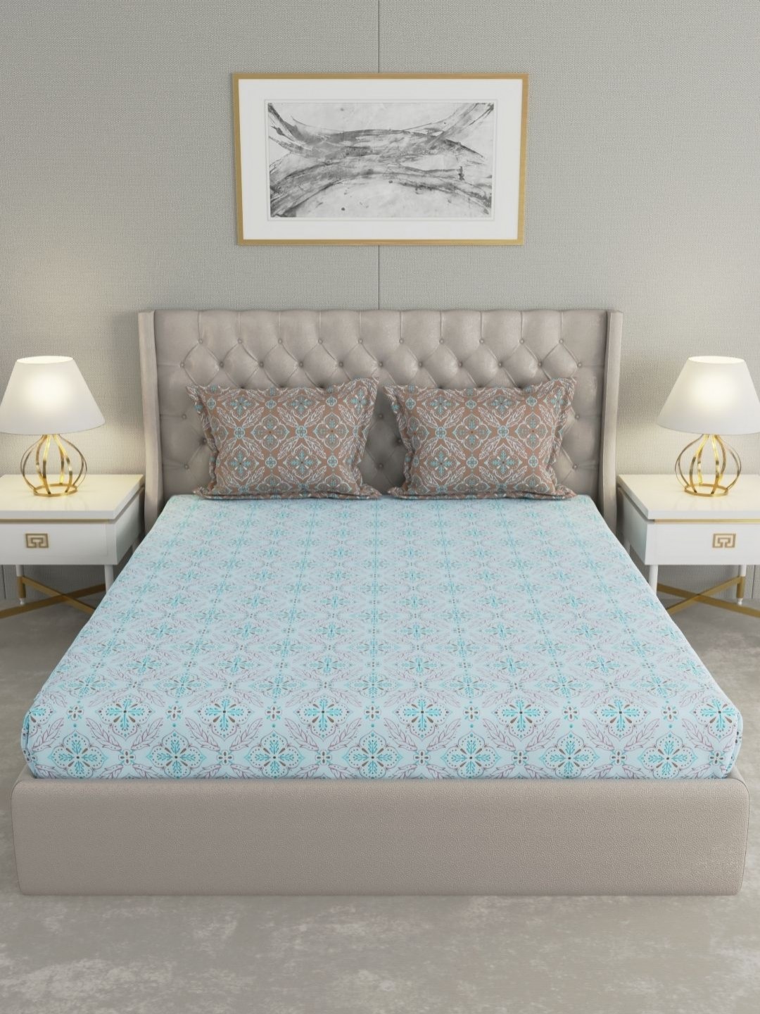 

Raymond Home Camphor Blue Printed Cotton 144 TC Queen Bedsheet with 2 Pillow Covers