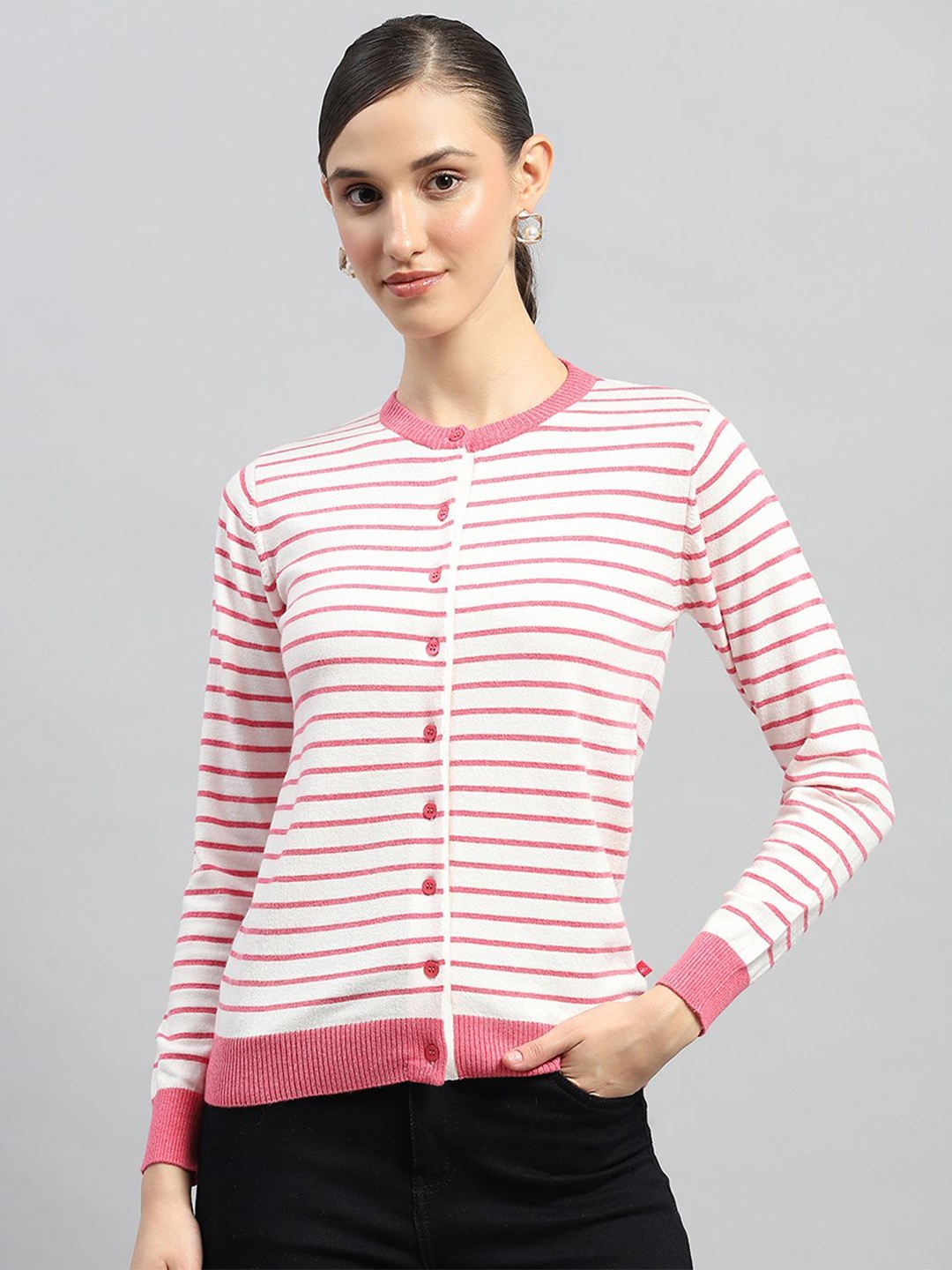 

Monte Carlo Women Striped Woollen Cardigan, Pink