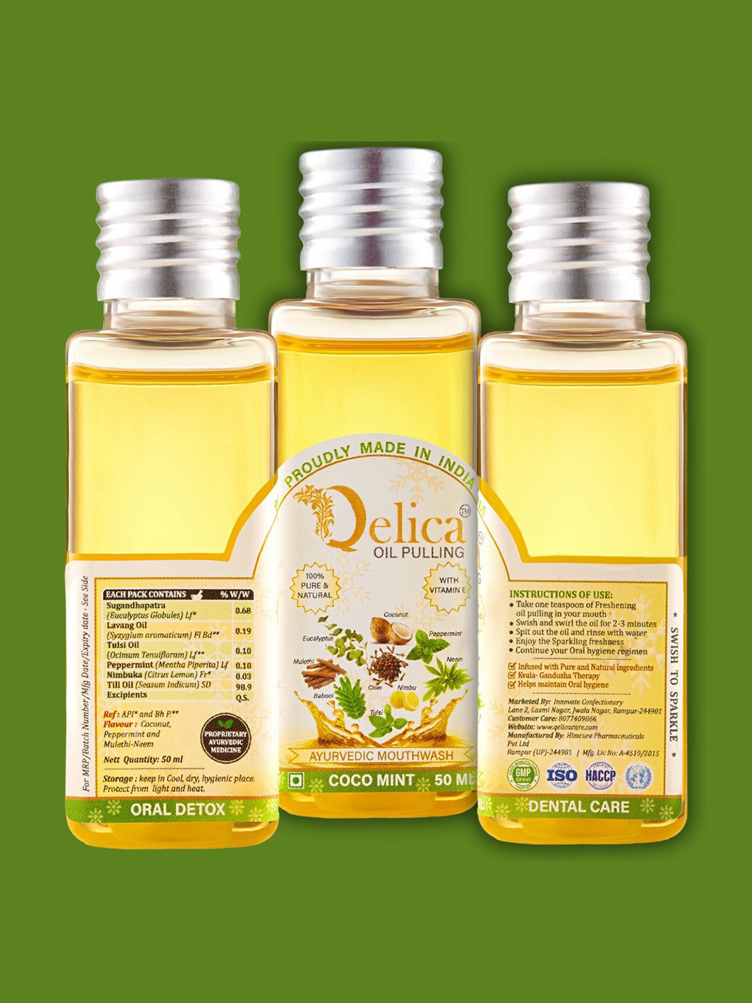 

Qelica Set Of 3 Coco Mint Oil Pulling-50ml Each, Transparent