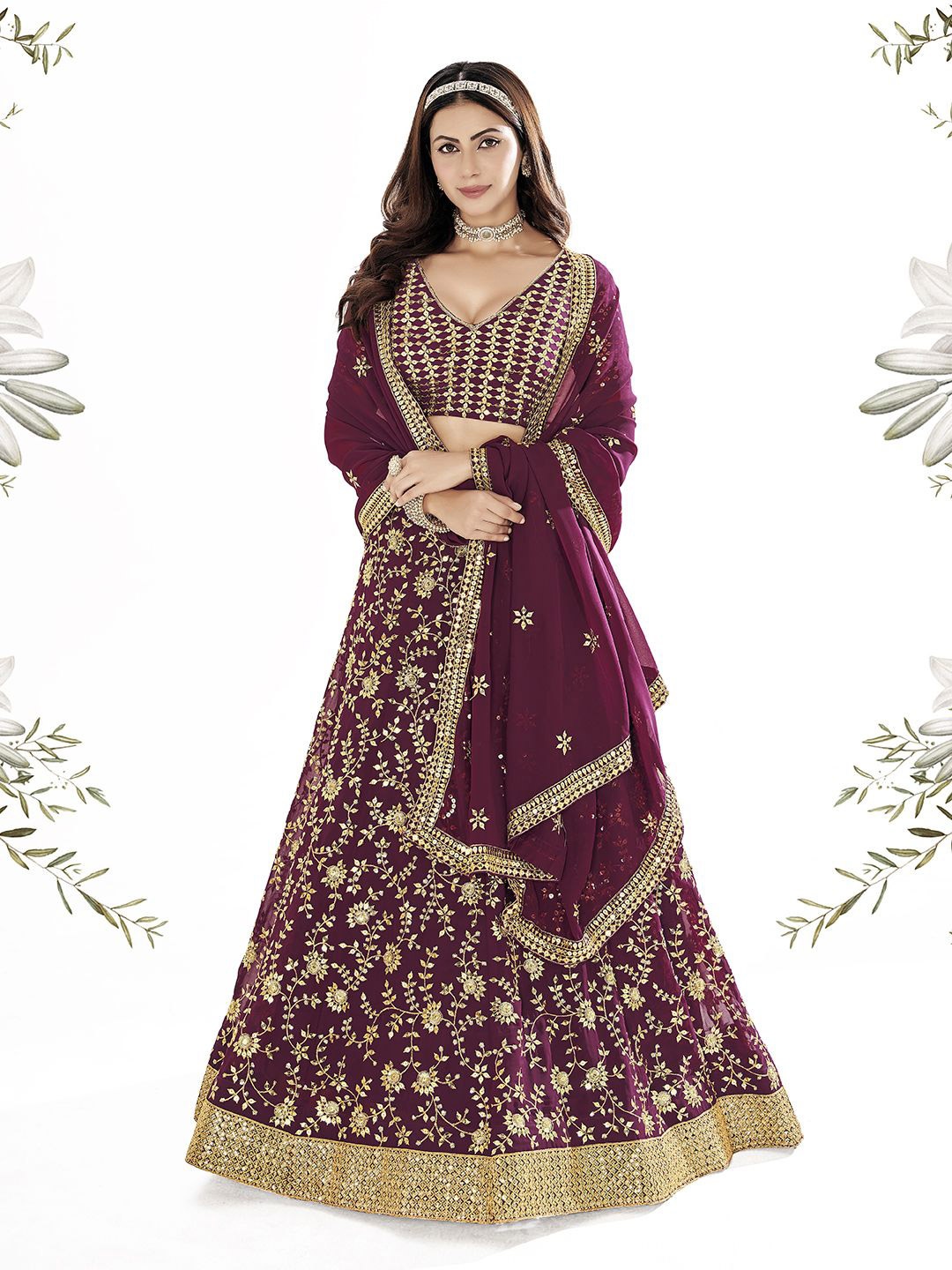 

Shee Star Embroidered Sequinned Semi-Stitched Lehenga & Unstitched Blouse With Dupatta, Burgundy