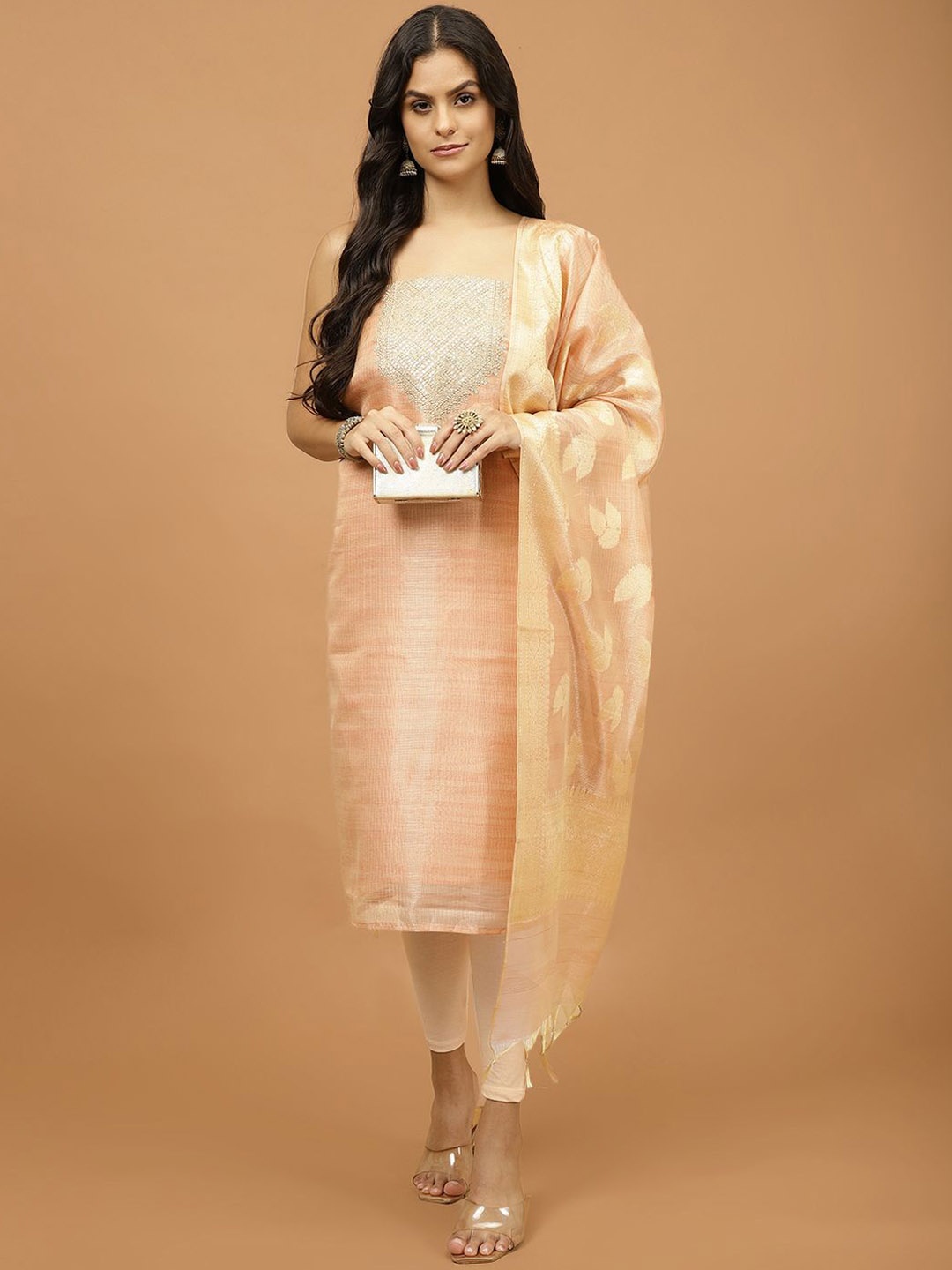 

Meena Bazaar Ethnic Motifs Embroidered Unstitched Dress Material, Peach