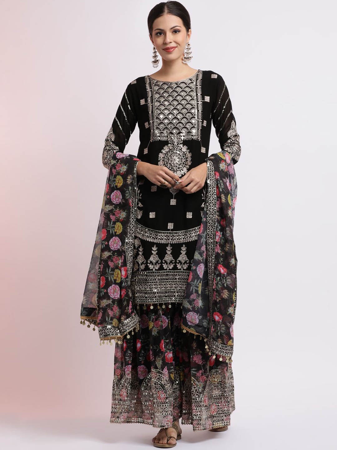 

Jaipur Kurti Zari Embroidered Kurta With Floral Sharara And Dupatta, Black