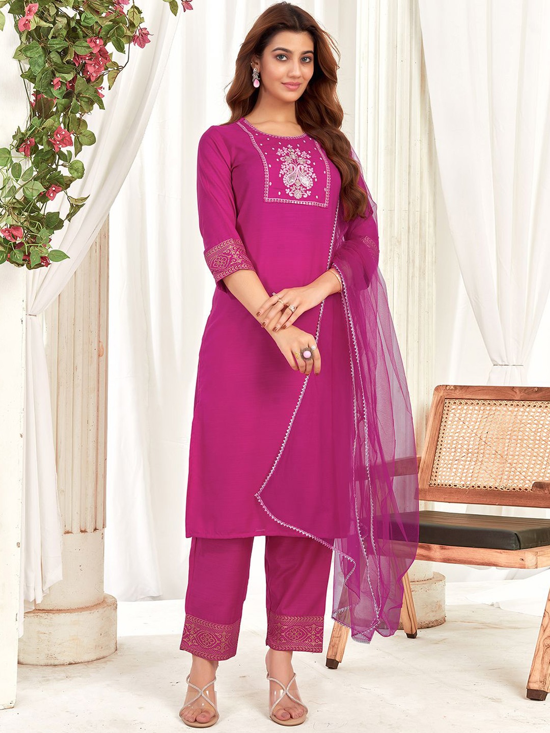 

SKYLEE Pink Ethnic Motifs Embroidered Sequinned Straight Kurta & Trousers With Dupatta