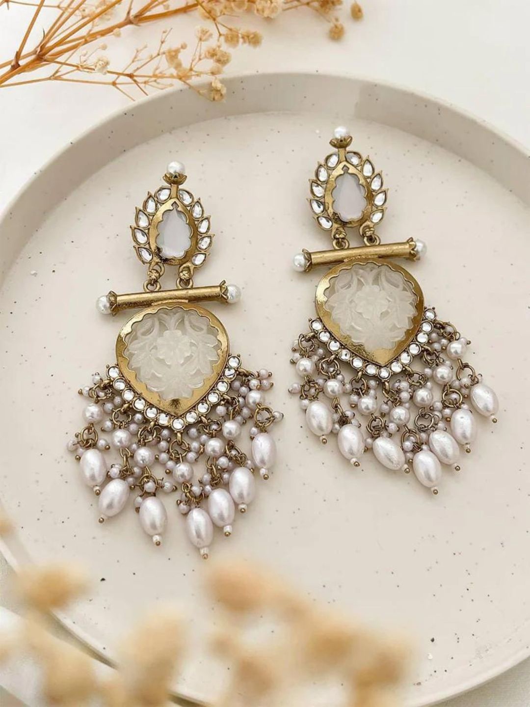 

Anouk White Gold-Plated Kundan Studded Teardrop Shaped Meenakari Chandbalis