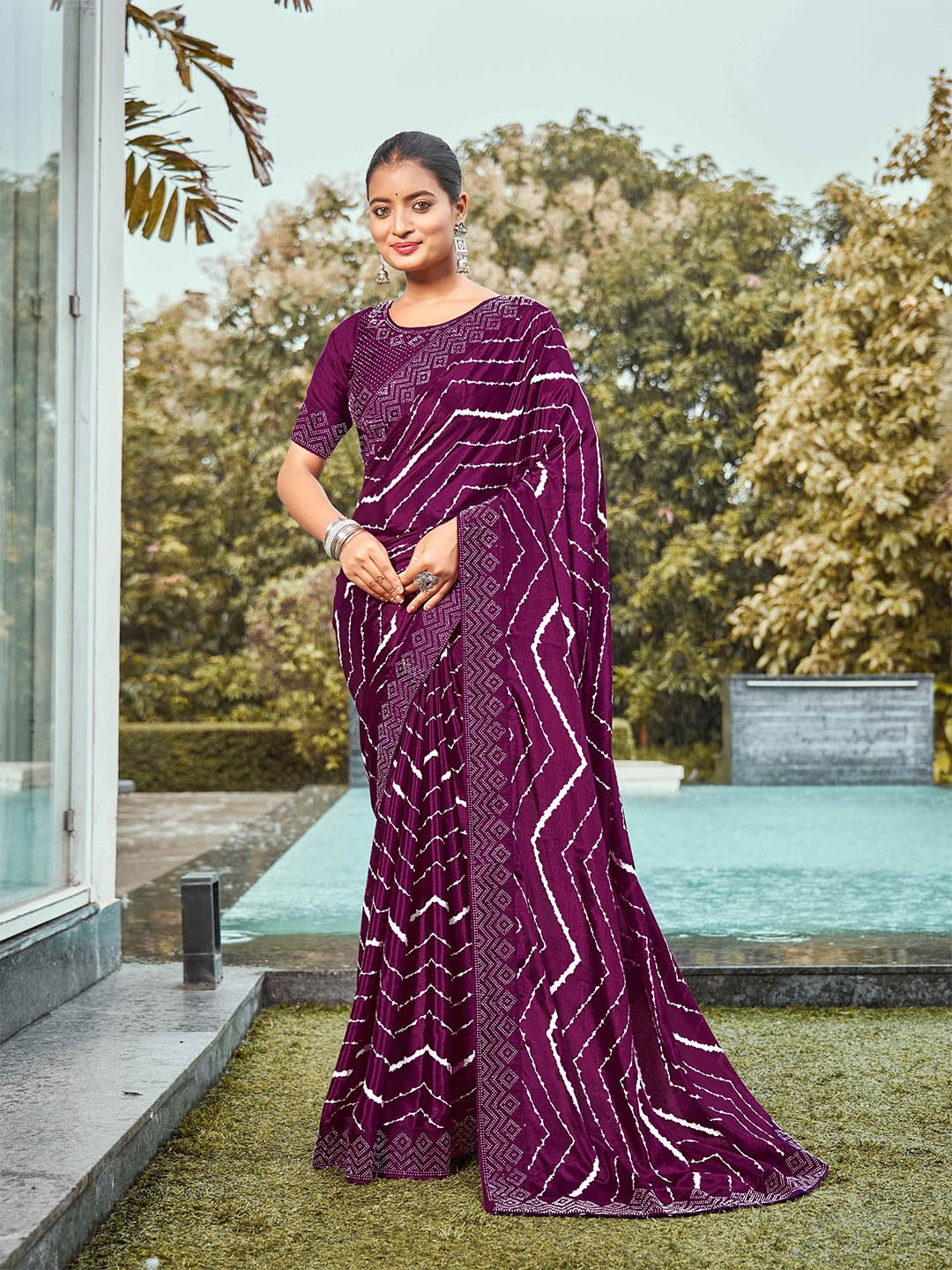 

Zeekha Beads and Stones Pure Chiffon Heavy Work Kanjeevaram Saree, Purple