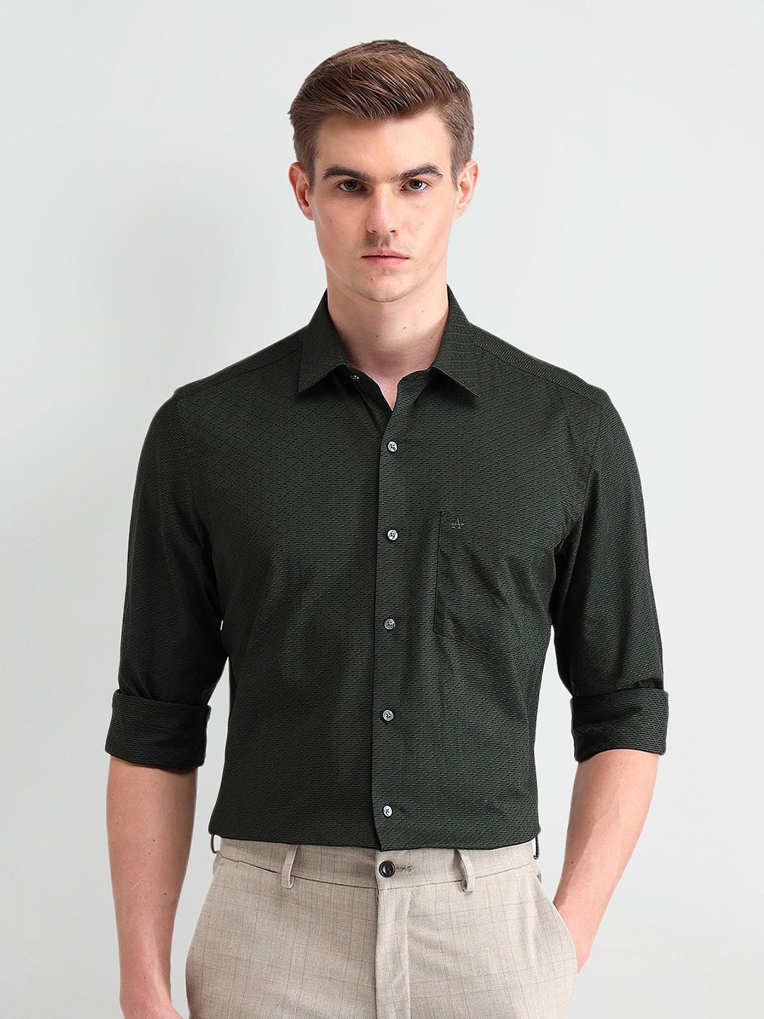 

Arrow Men Classic Spread Collar Textured Cotton Formal Shirt, Green