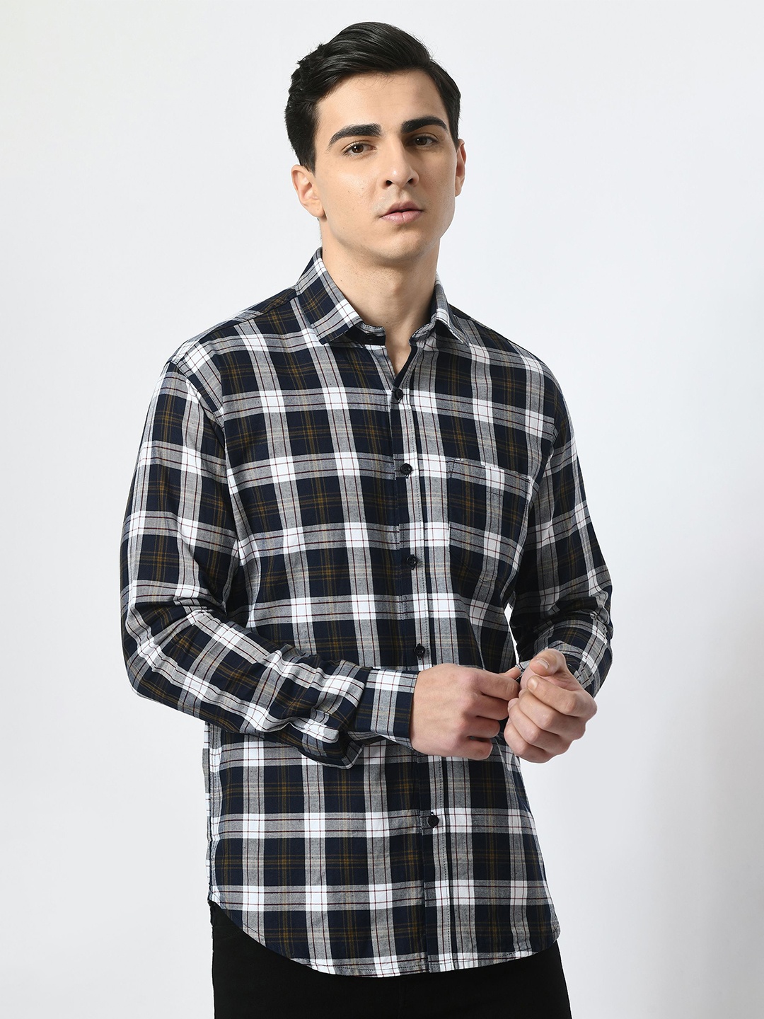 

PEBCO Men Classic Spread Collar Tartan Checked Cotton Slim Fit Casual Shirt, White