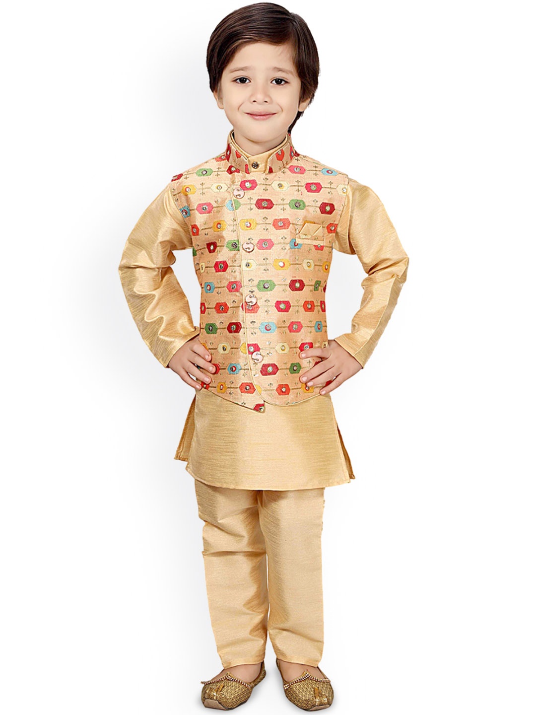 

Arshia Fashions Boys Regular Straight Kurta with Pyjamas & Waistcoat, Yellow