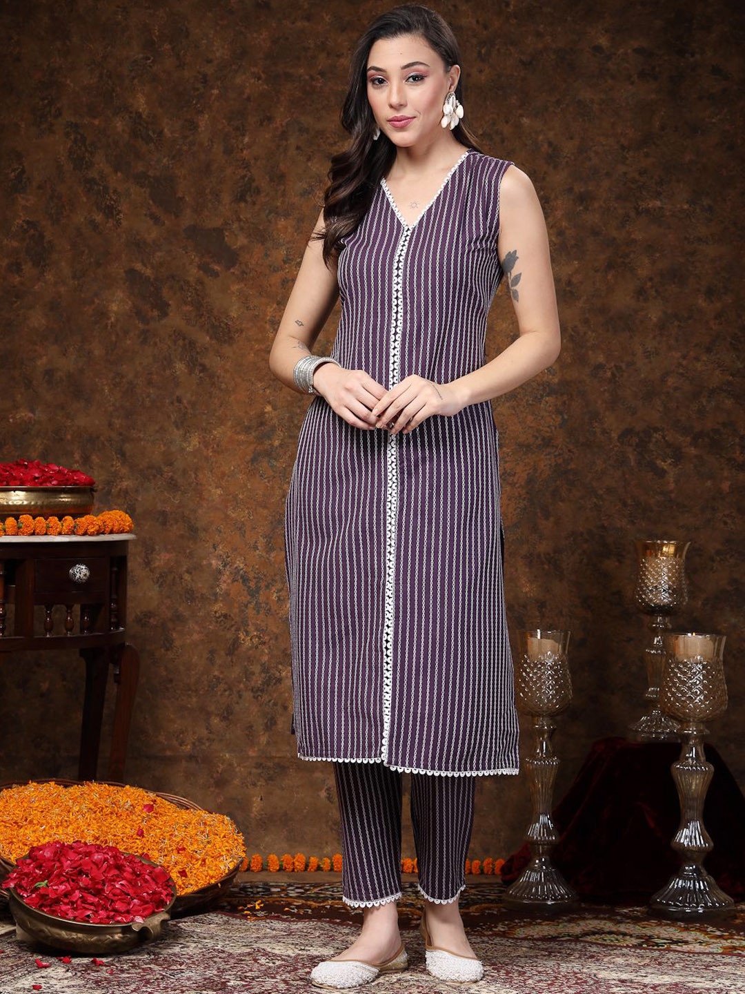 

Stylum Violet & White Striped Embroidered Kurta with Trousers