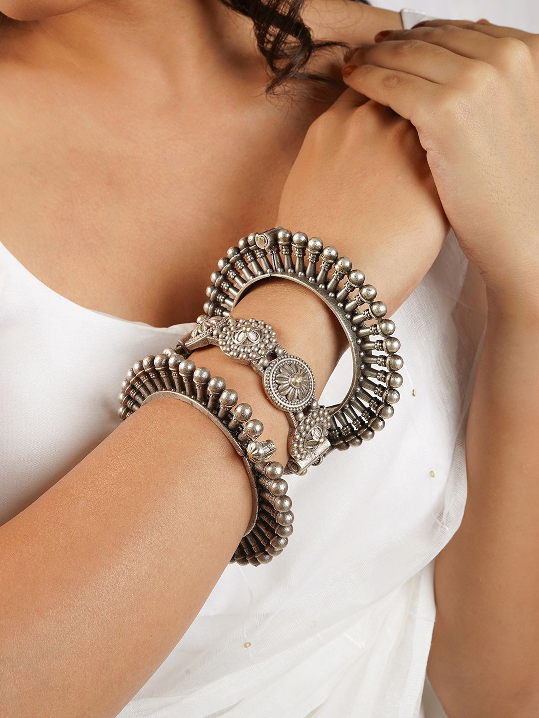 

Teejh Set Of 3 Sanika Stacked Oxidised Bracelets, Silver