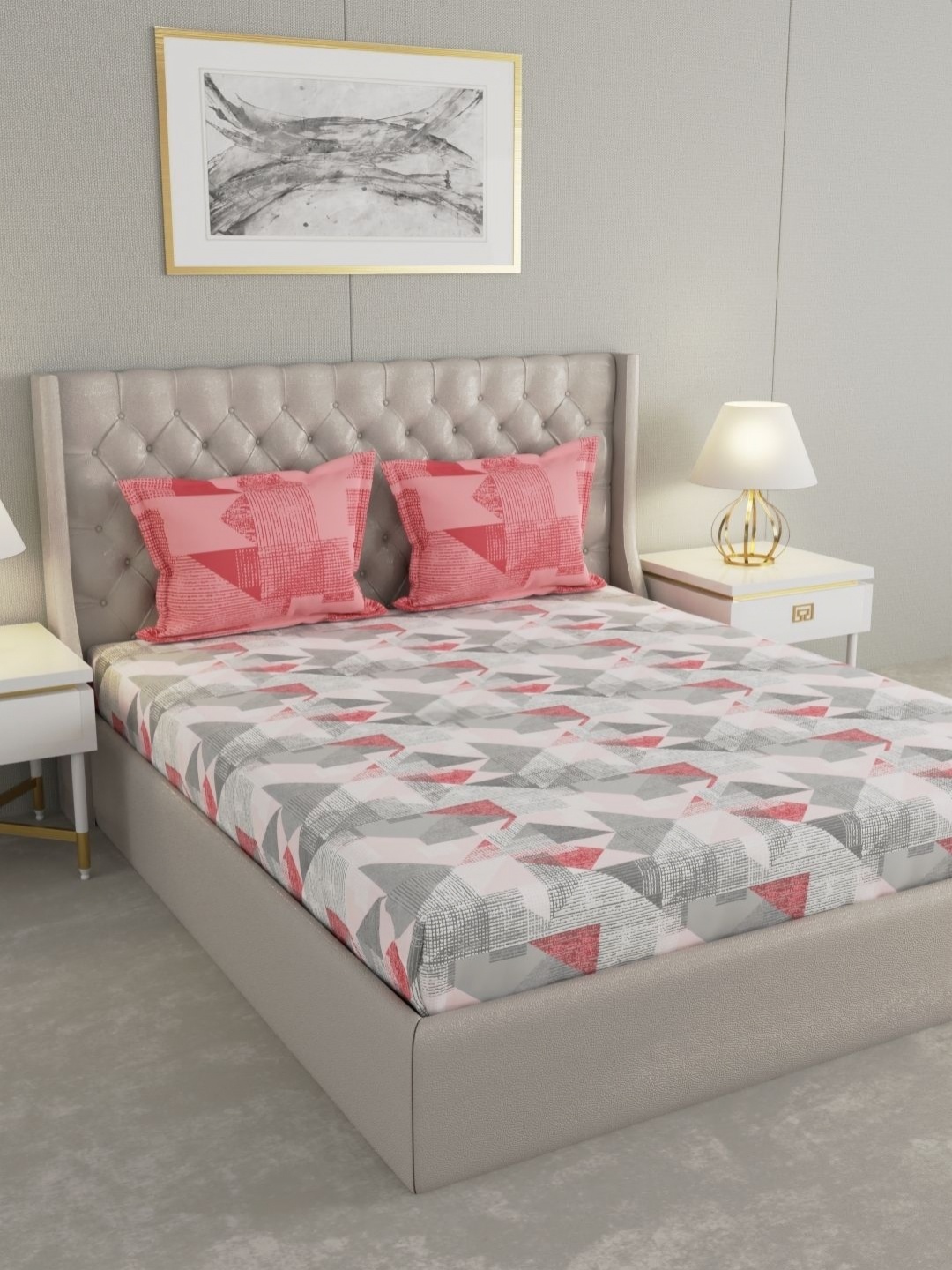 

Raymond Home Camphor Pink & Grey Printed 144 TC Cotton Queen Bedsheet with 2 Pillow Covers