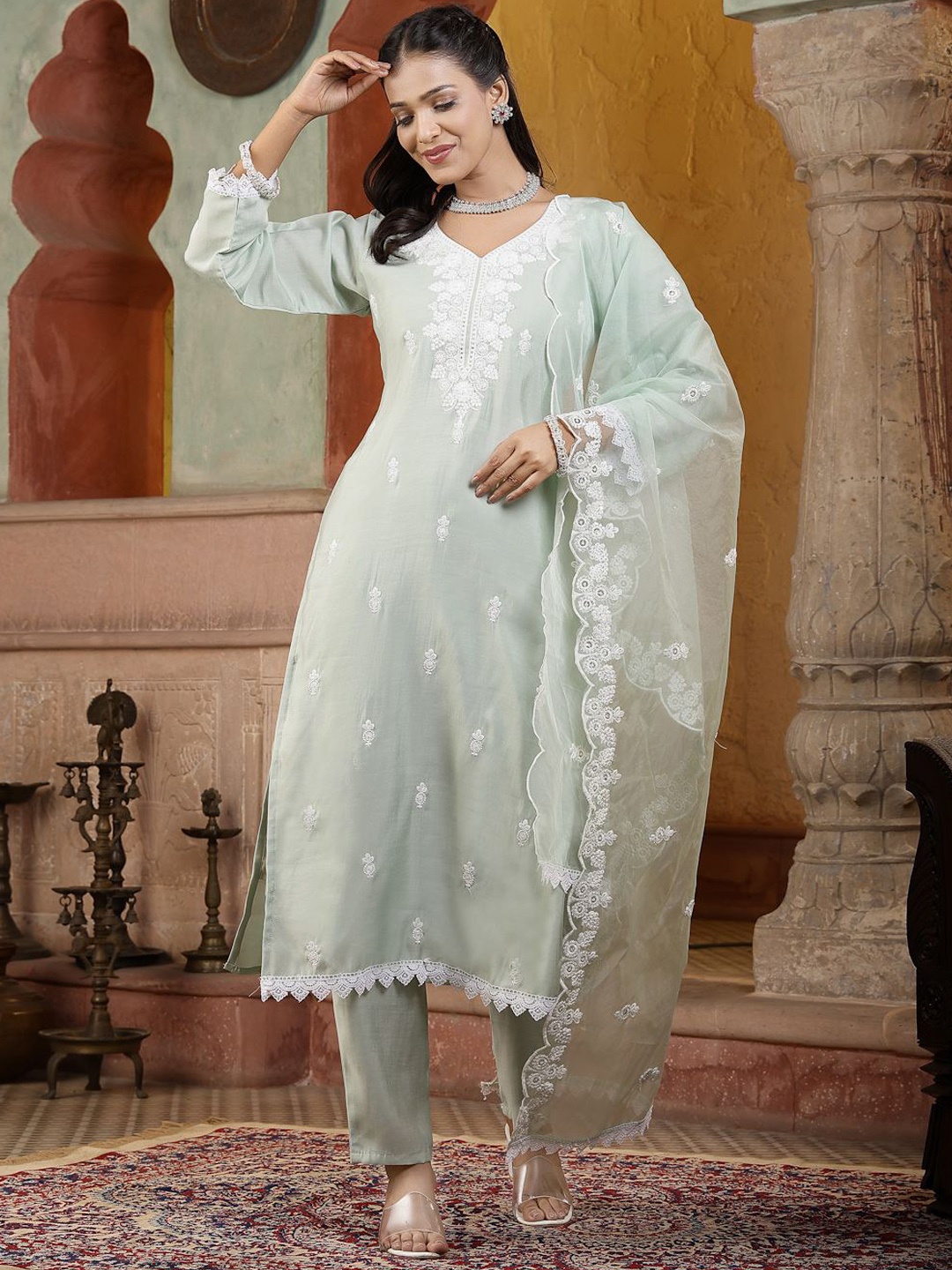 

Stylum Green & White Floral Embroidered Sequinned Straight Kurta & Trousers With Dupatta