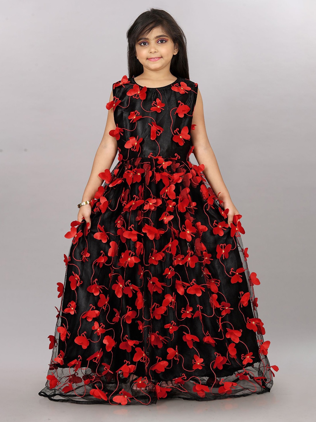 

LADY SHOPI Floral Embroidered Net Maxi Dress, Black