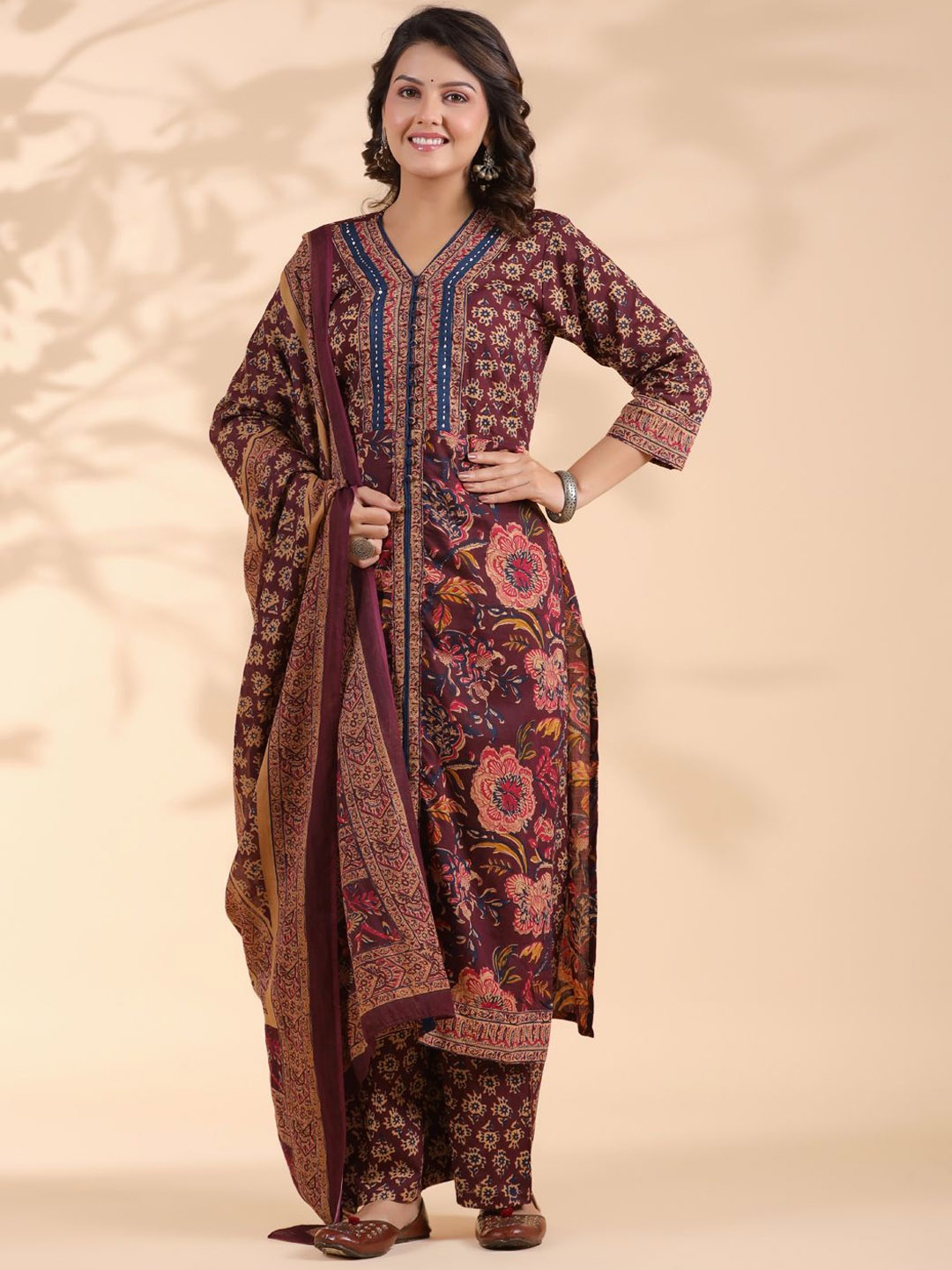 

Vbuyz Floral Printed V-Neck Pure Cotton Straight Kurta With Palazzos & Dupatta, Maroon