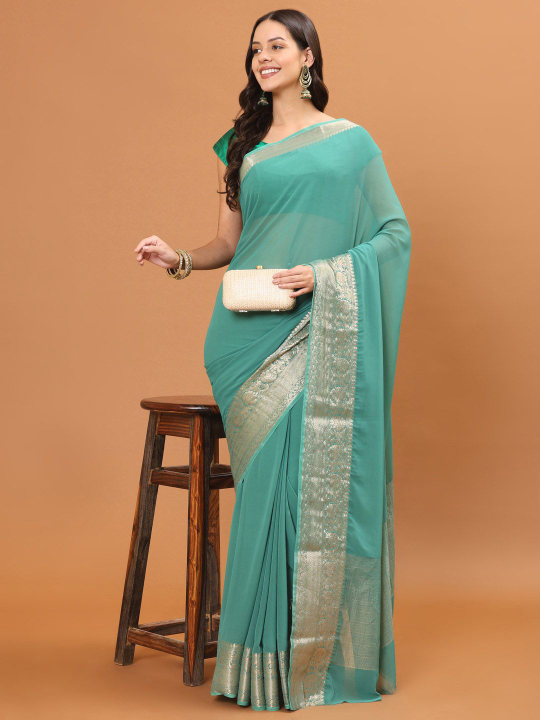 

Meena Bazaar Zari Poly Chiffon Saree, Sea green