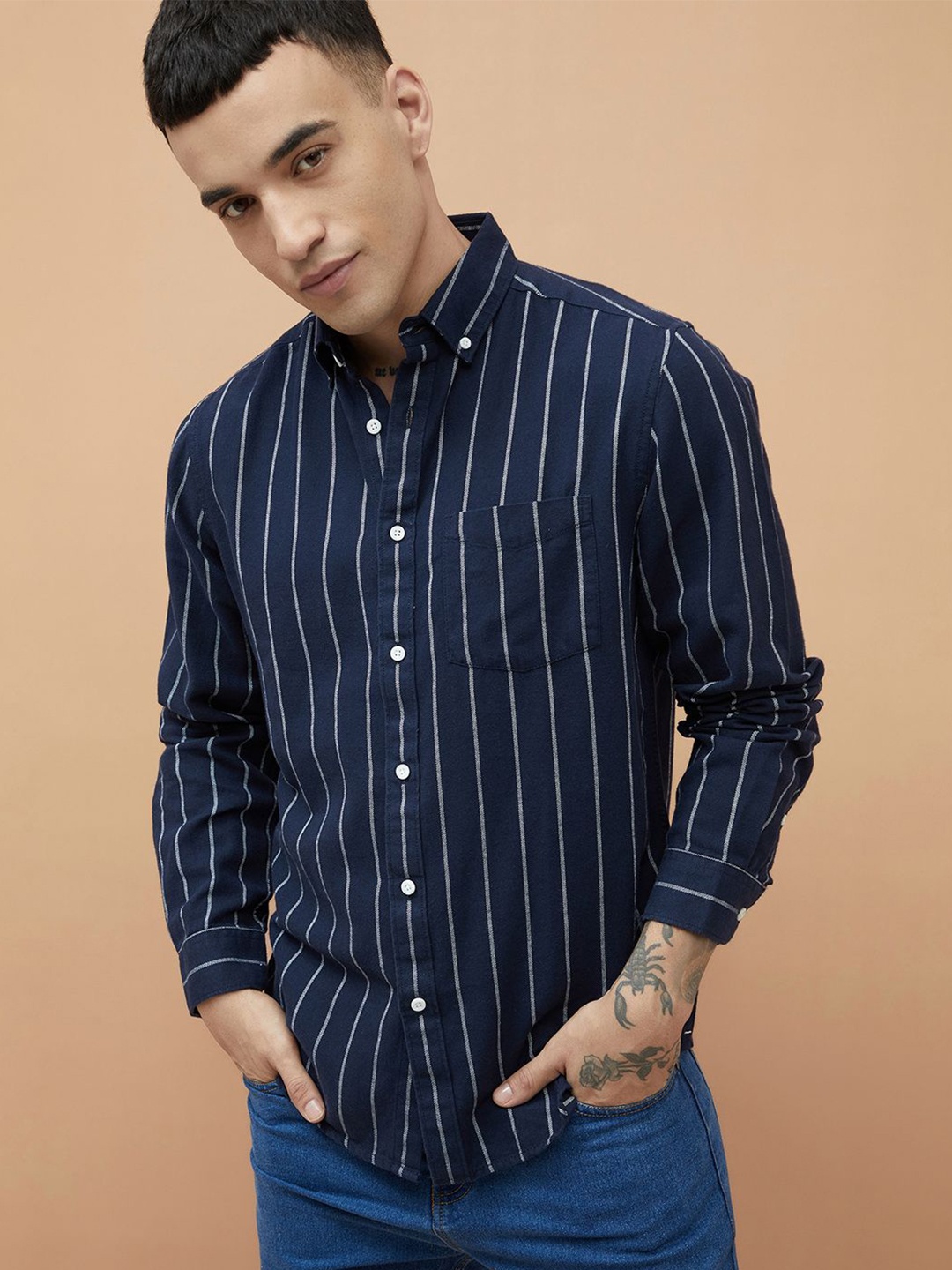 

Fame Forever by Lifestyle Men Button-Down Collar Vertical Striped Cotton Casual Shirt, Navy blue