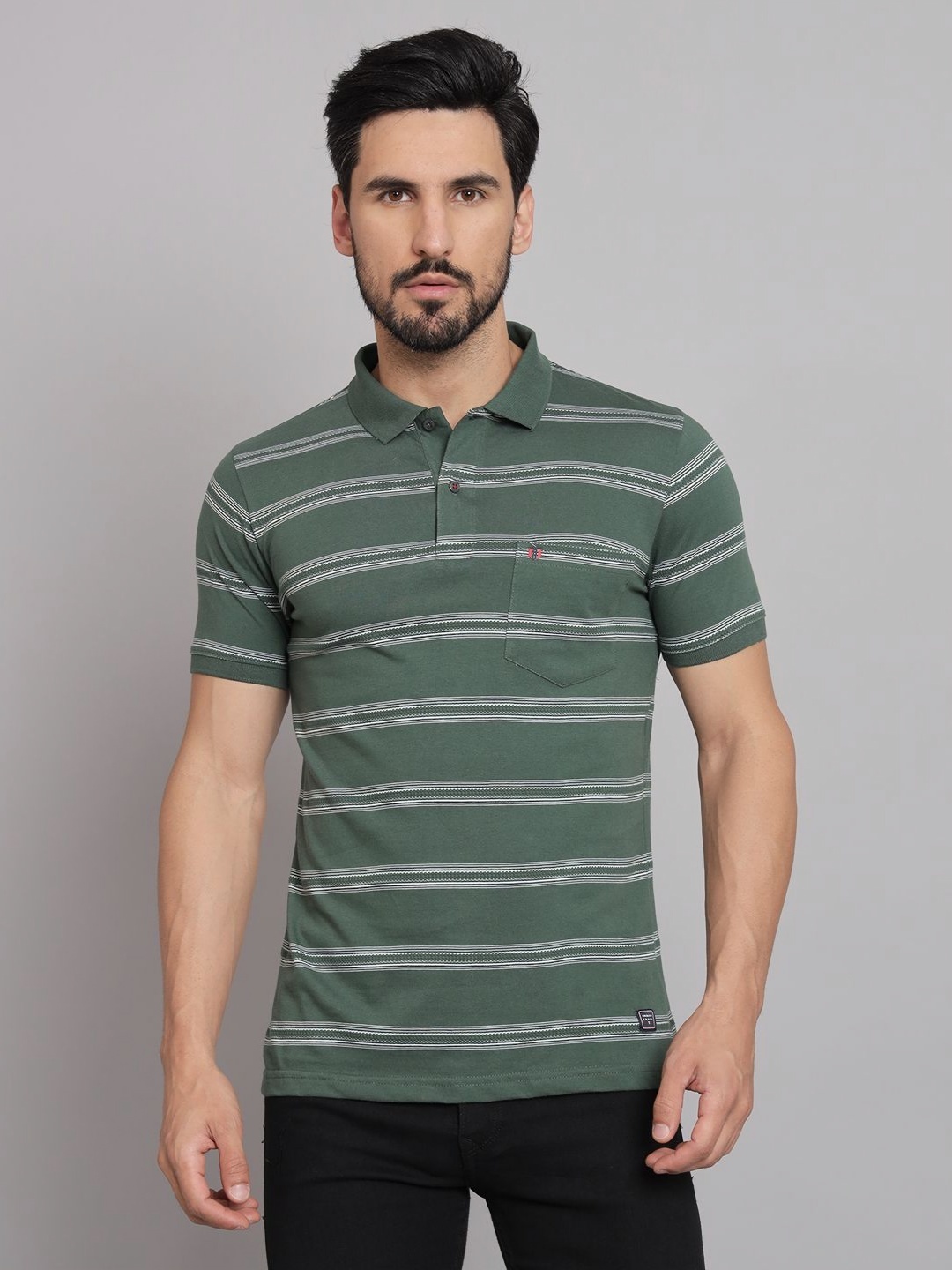 

URBAN TRAIL Men Striped Polo Collar Cotton T-shirt, Green