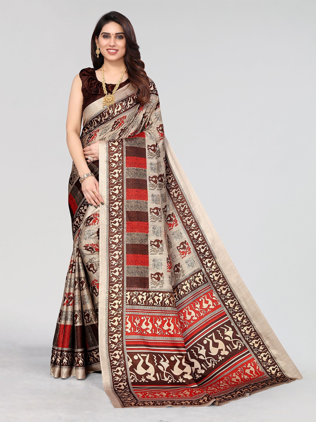 

VIRICA Printed Ethnic Motifs Patchwork Saree, Brown