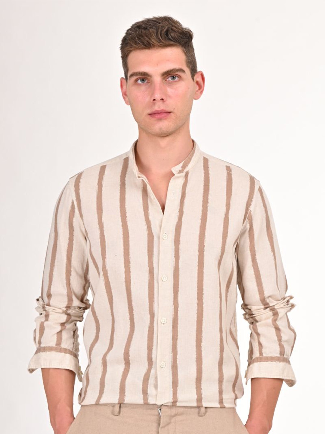 

POE Men Smart Mandarin Collar Vertical Striped Cotton Linen Slim Fit Casual Shirt, Brown