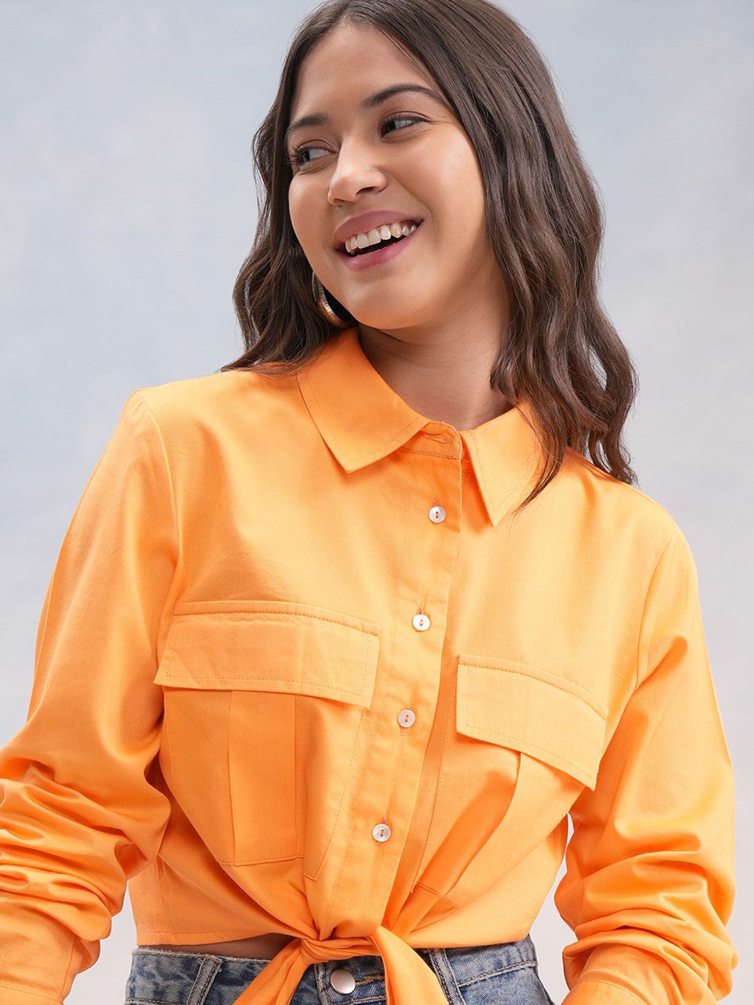 

Street By Tokyo Talkies Women Solid Shirt Collar Cotton Top, Orange