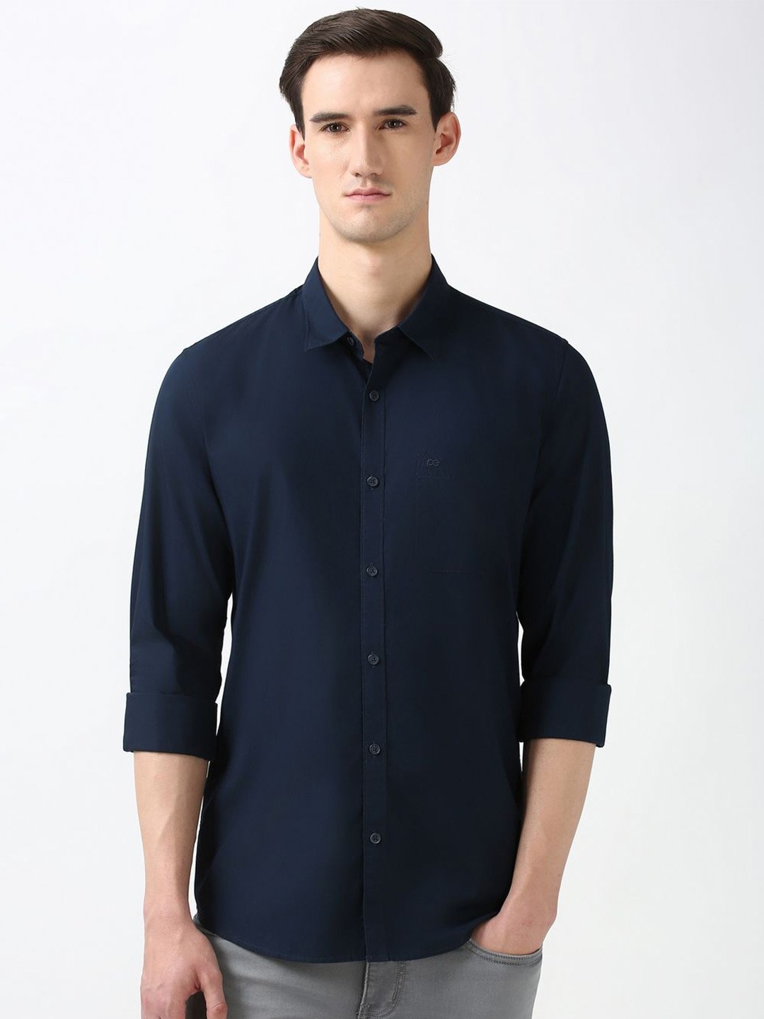 

Peter England Casuals Men Spread Collar Solid Cotton Slim Fit Casual Shirt, Navy blue