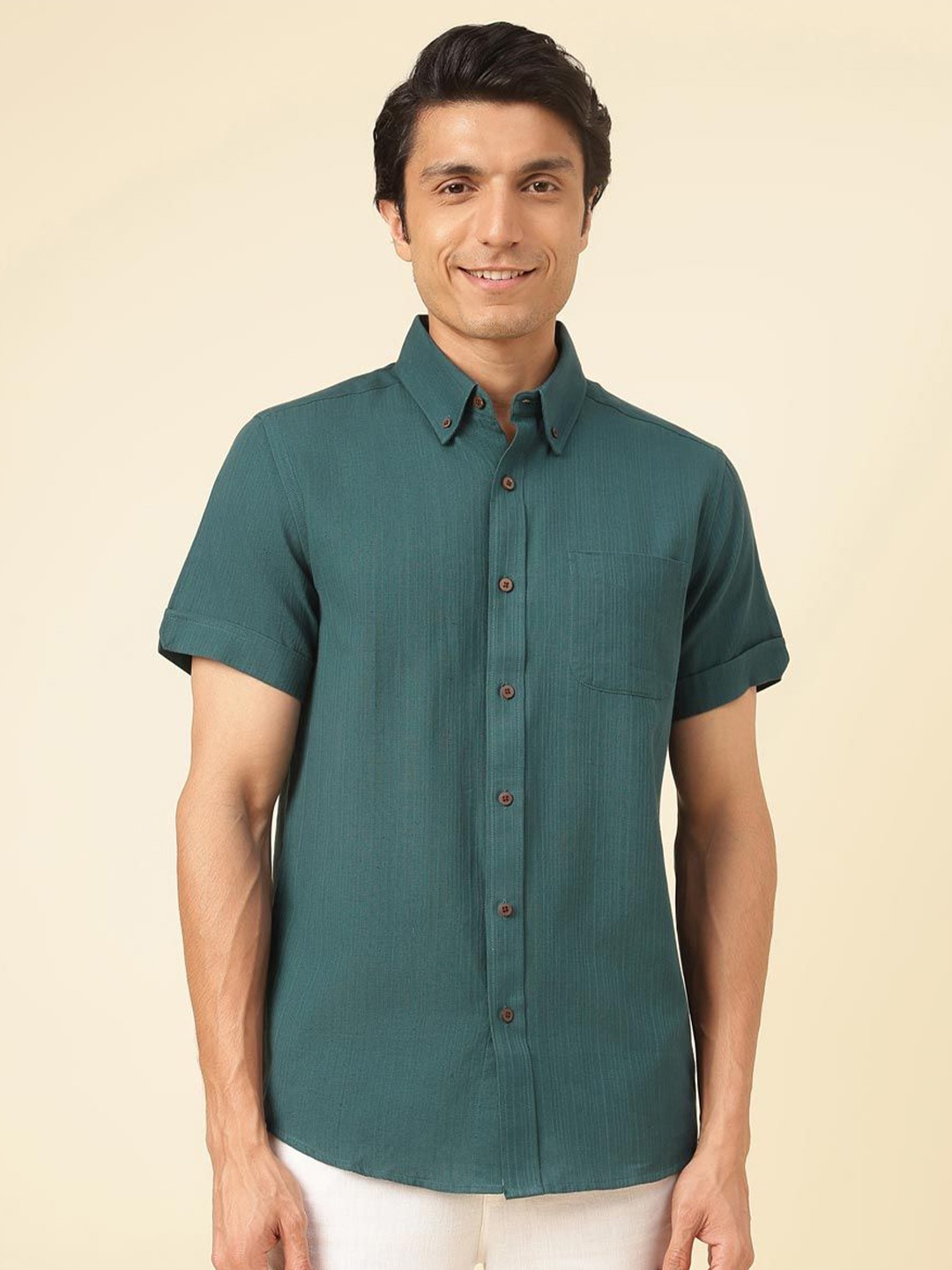 

Fabindia Men Button-Down Collar Textured Cotton Relaxed Fit Casual Shirt, Teal