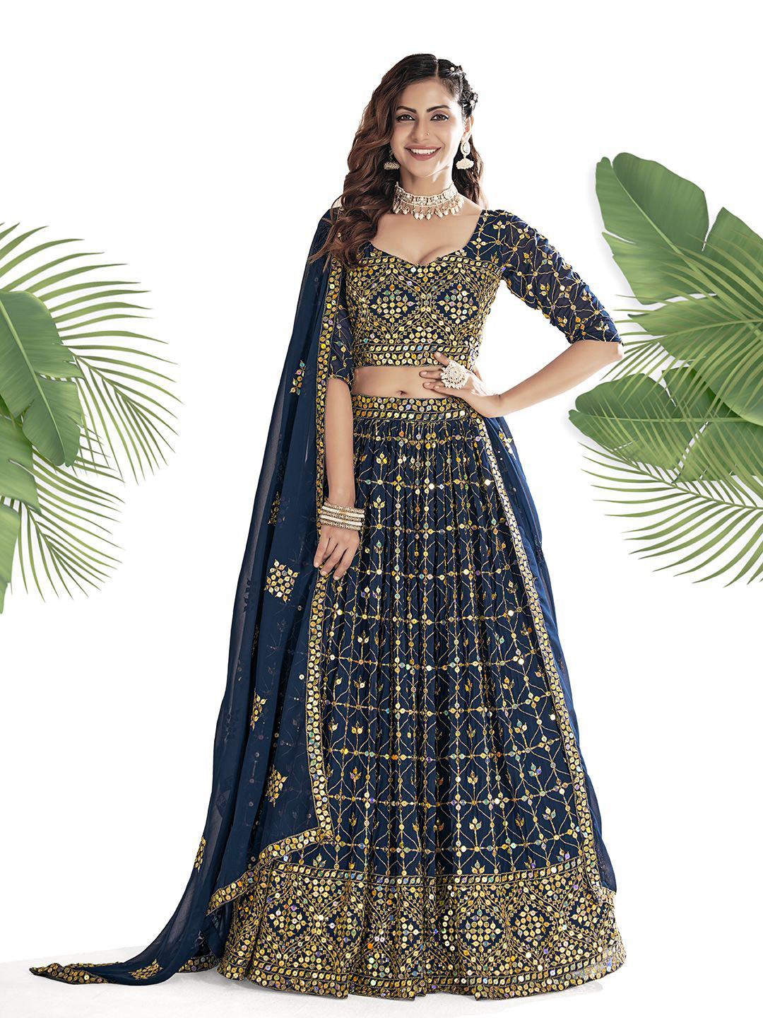 

Shee Star Embroidered Sequinned Semi-Stitched Lehenga & Unstitched Blouse With Dupatta, Navy blue
