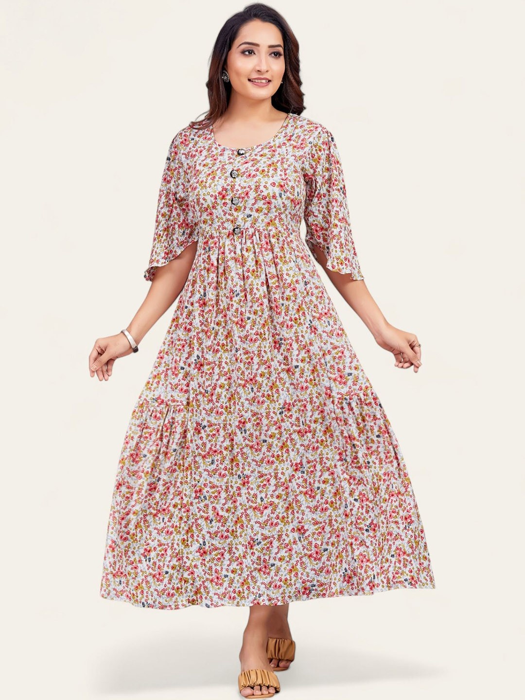 

PAMPER YOURSELF Floral Printed Flared Sleeves Fit & Flare Maxi Dress, Cream