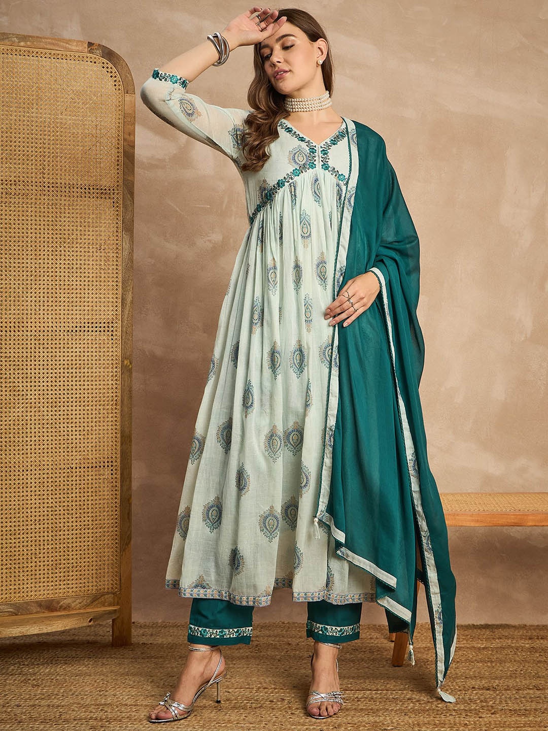 

all about you Printed Empire Thread Work Anarkali Kurta with Trousers & Dupatta, Green