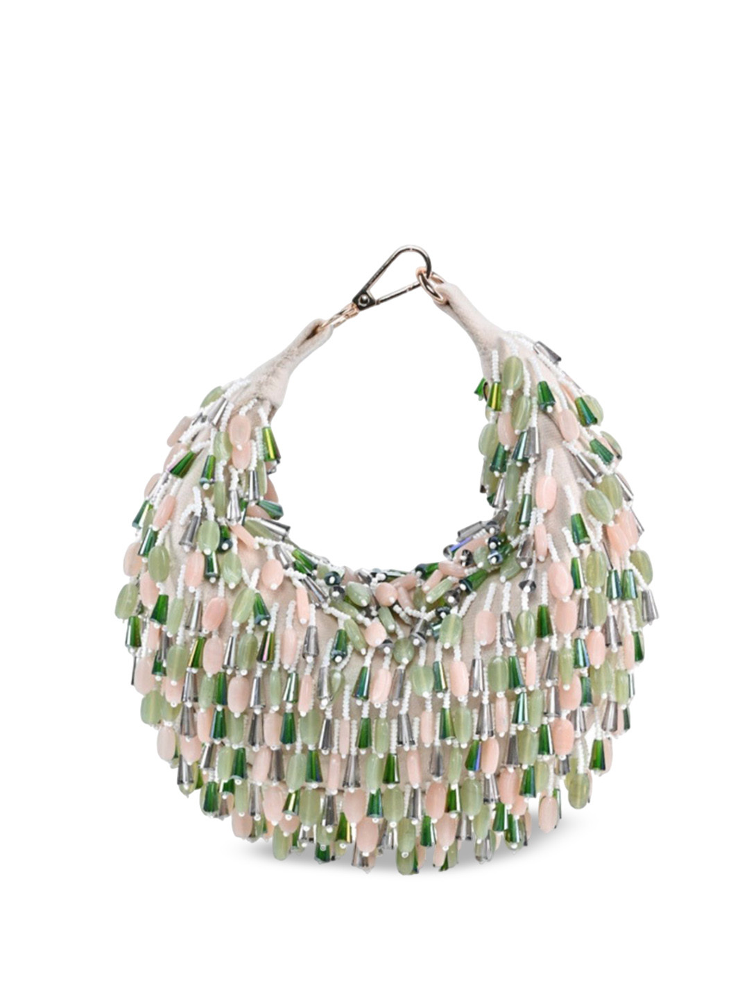

House of Kosha Women Embellished Suede Swagger Hobo Bag, Off white