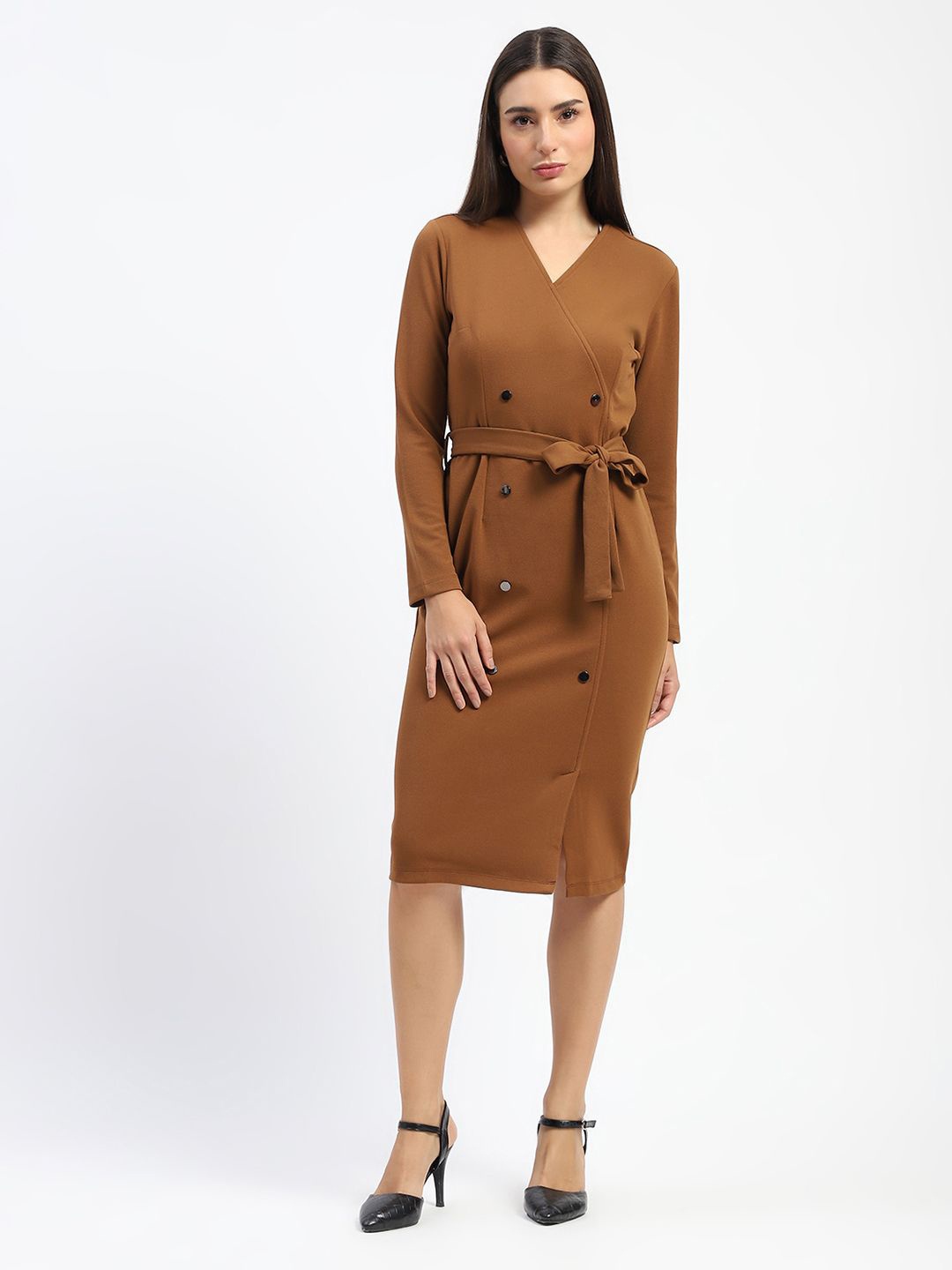 

Madame Women Solid V-Neck Sheath Knee Length Dress, Brown