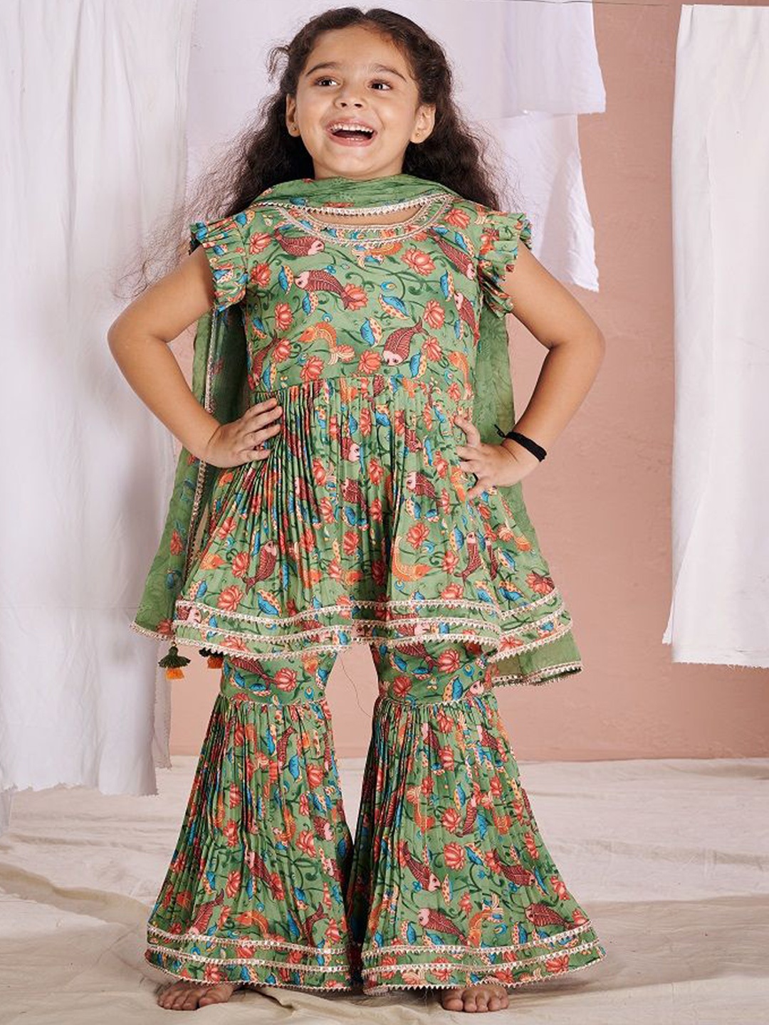 

Vivedkids Girls Floral Printed Gotta Patti A-Line Kurta with Sharara & With Dupatta, Green