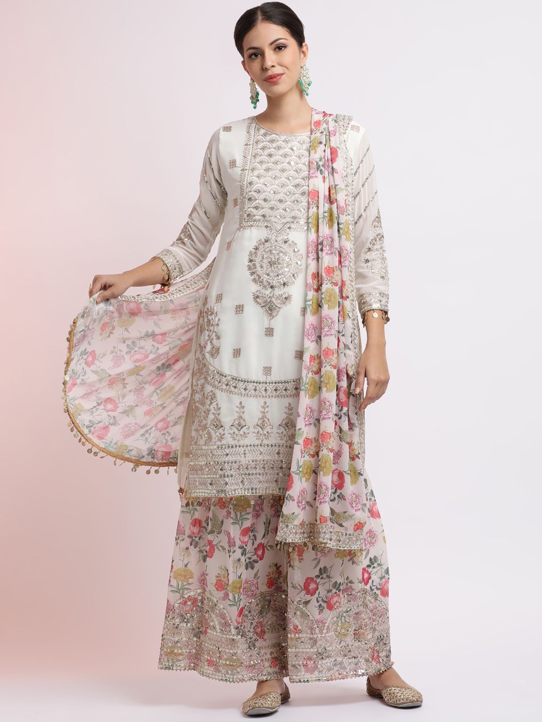 

Jaipur Kurti Zari Embroidered Kurta With Floral Sharara And Dupatta, White