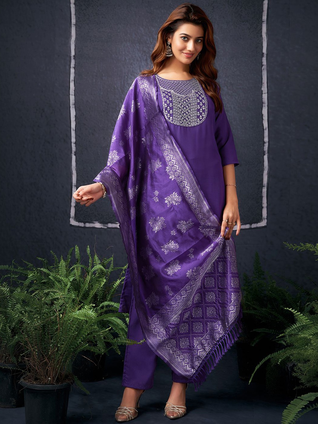 

SKYLEE Purple Floral Embroidered Sequinned Straight Kurta & Trousers With Dupatta