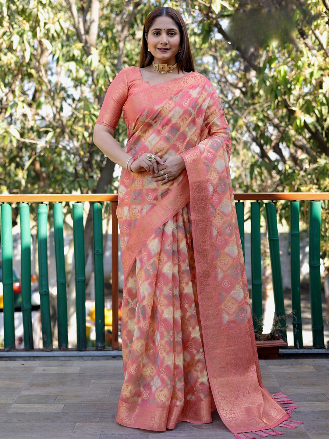

Anaita Bandhani Pure Silk Saree, Peach
