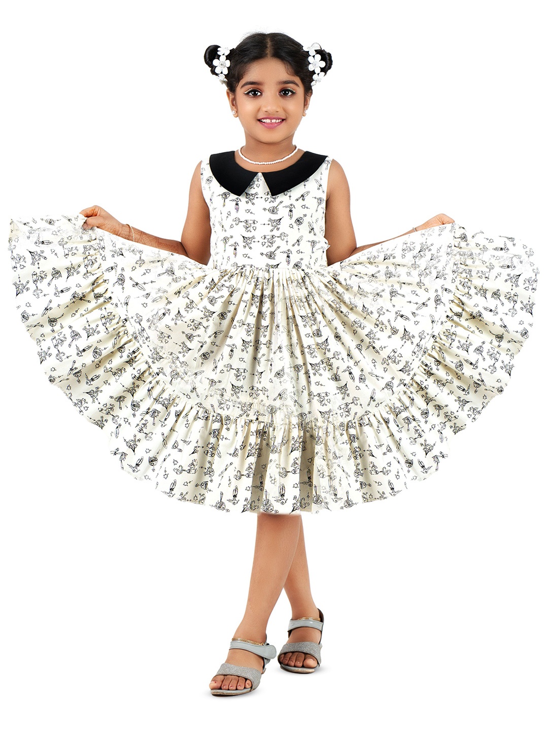 

STANWELLS KIDS Girls Printed Cotton Peter Pan Collar Fit & Flare Dress, Off white