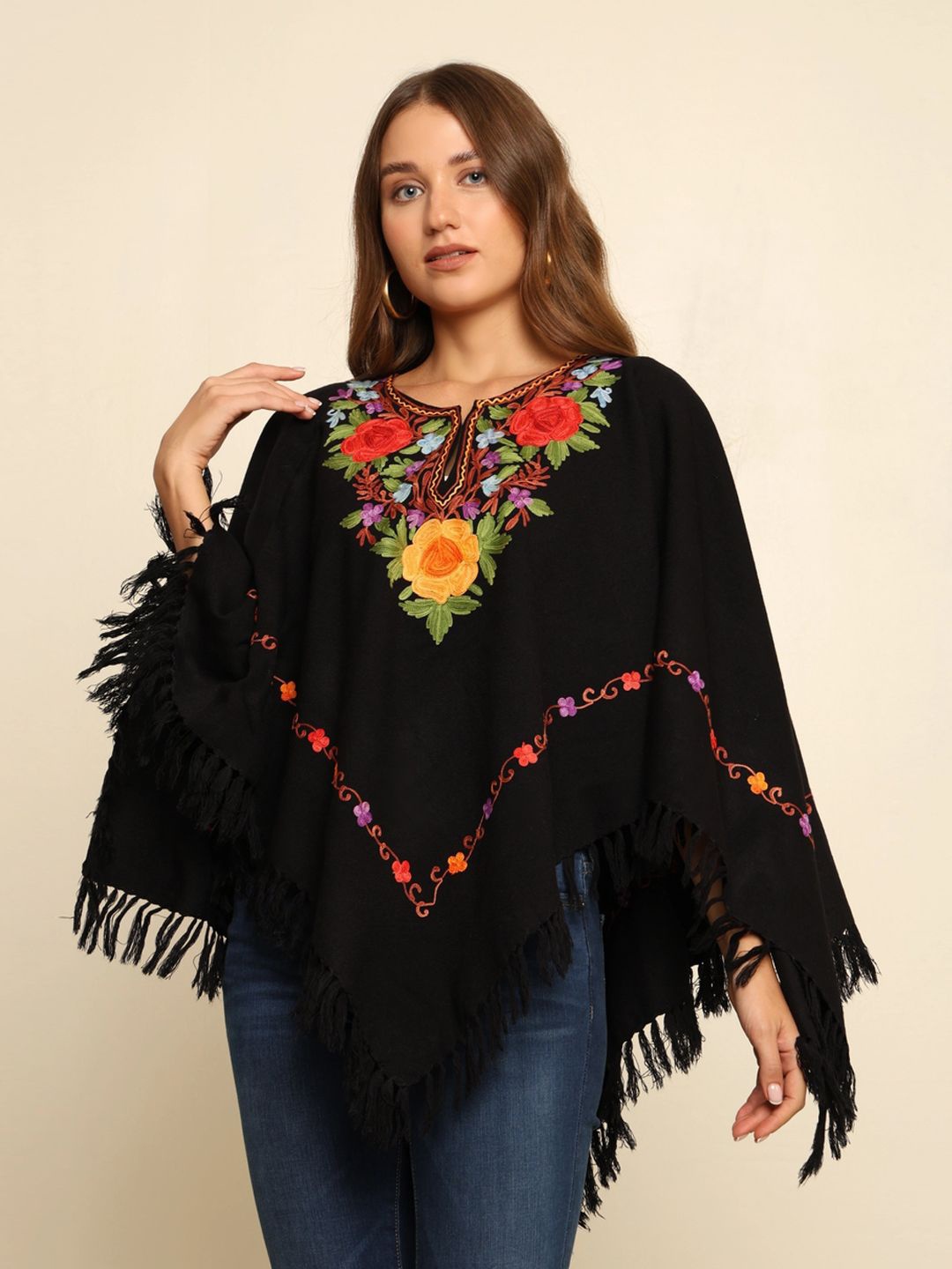 

CRAFTBAZAR Women Embroidered Poncho with Embroidered Detail, Black