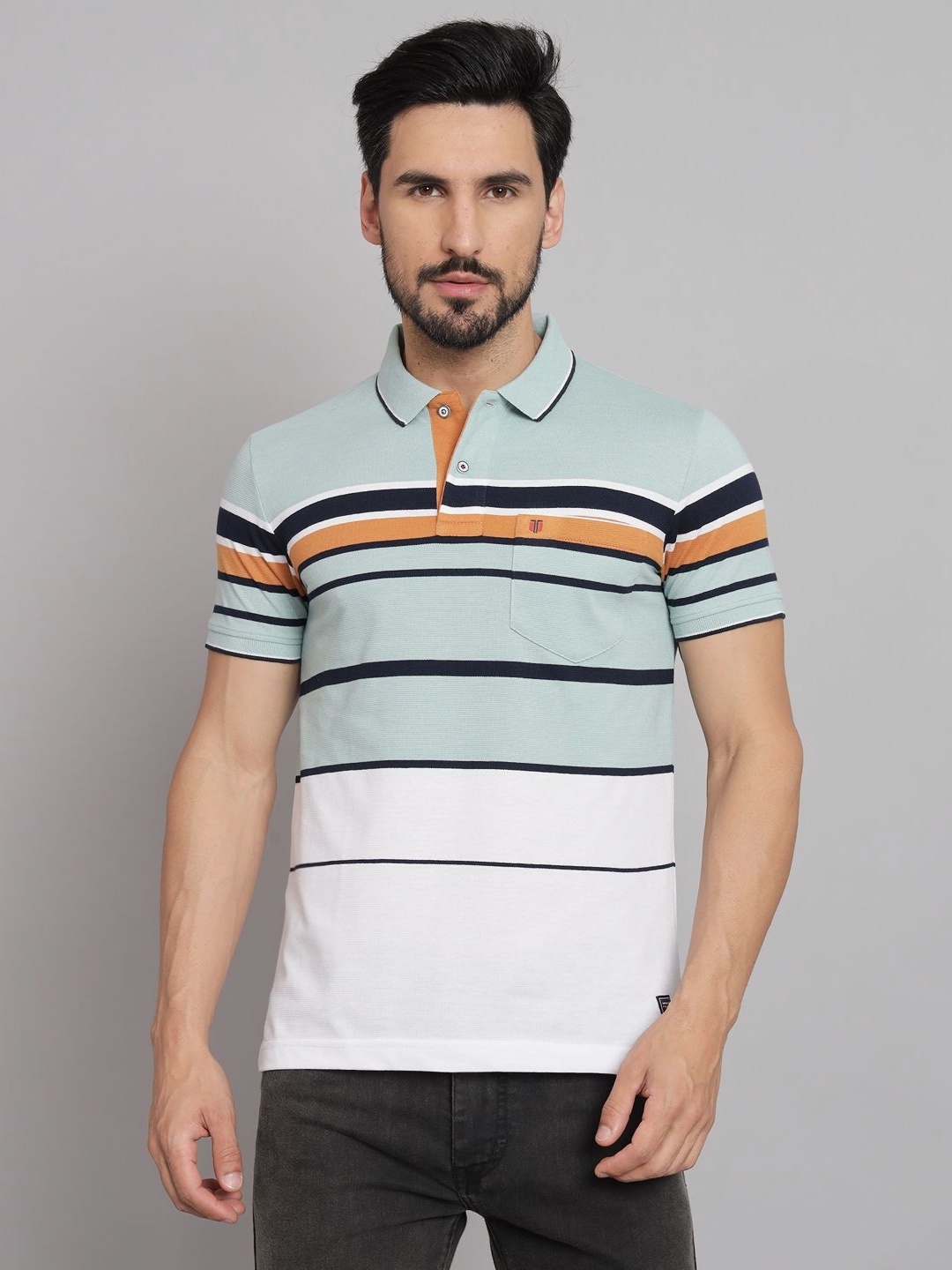 

URBAN TRAIL Men Striped Polo Collar Cotton T-shirt, White