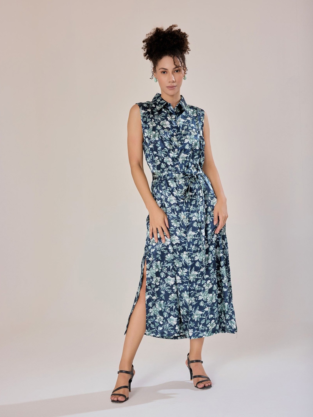 

Urban Sundari Floral Printed Satin Shirt Midi Dress, Blue