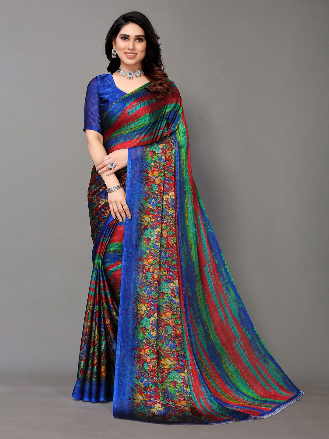

VIRICA Abstract Printed Phulkari Poly Chiffon Saree, Blue