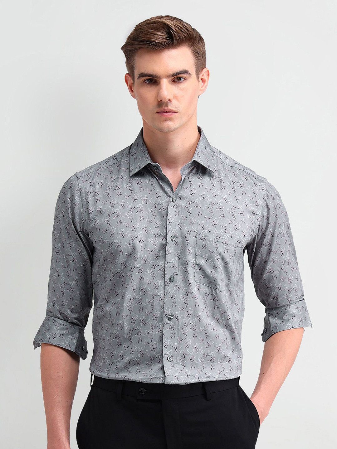 

Arrow Men Comfort Spread Collar Floral Printed Cotton Slim Fit Formal Shirt, Grey