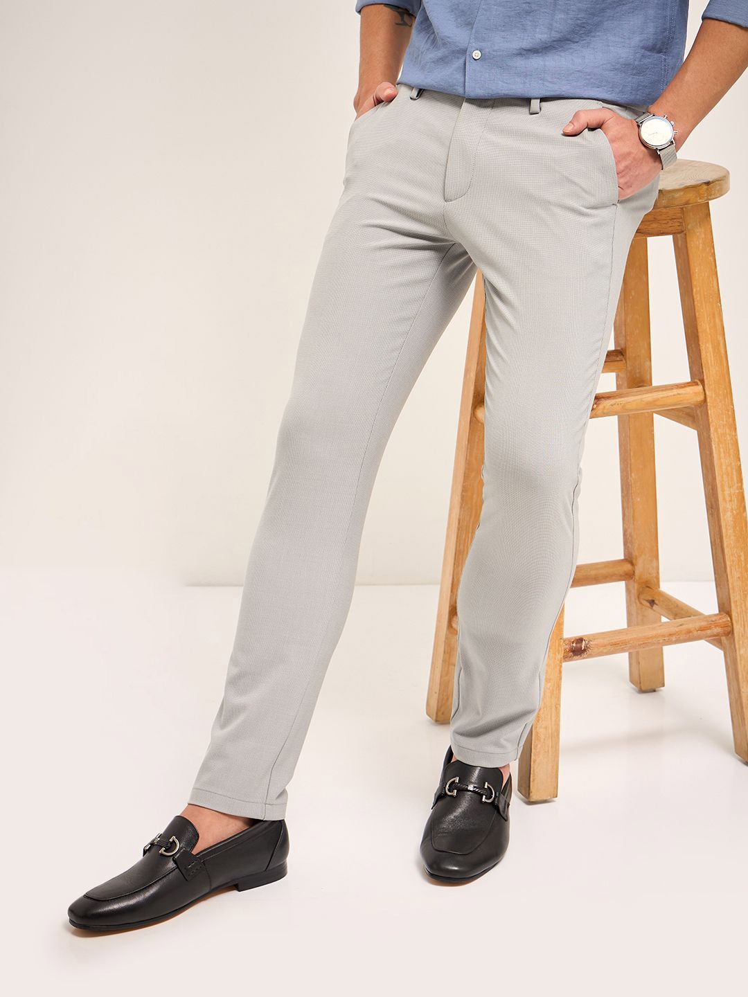 

THE BEAR HOUSE Men Slim Fit 4 Way Stretch Formal Trousers, Grey