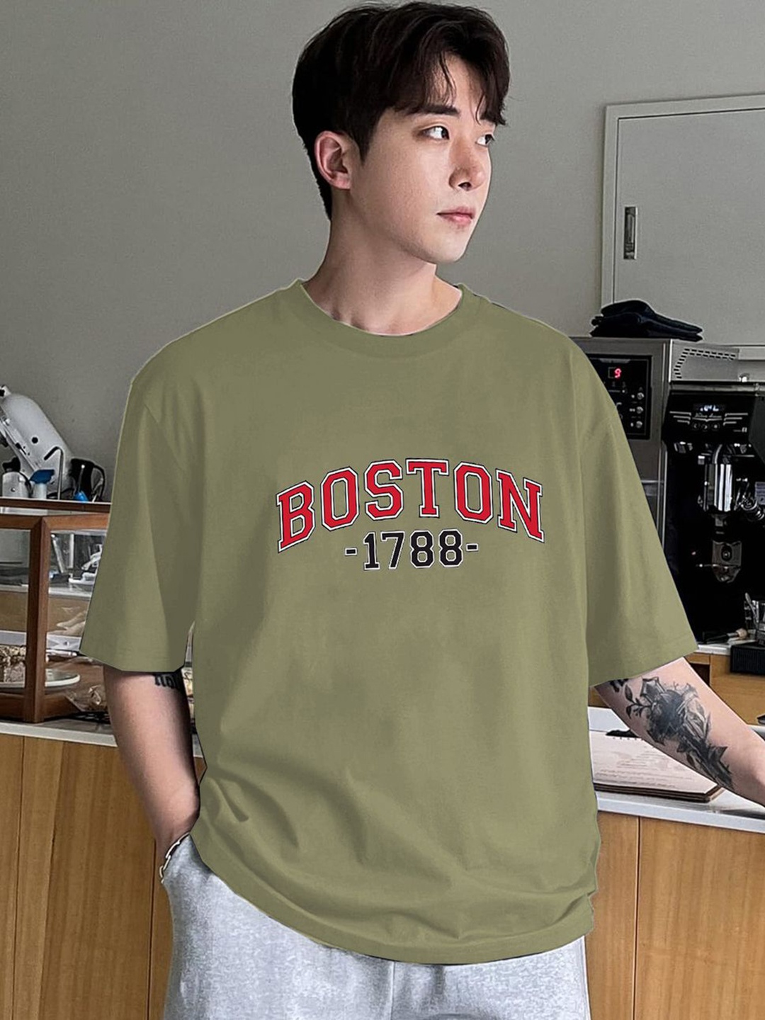 

CLAFOUTIS Men Typography Printed Round Neck Cotton Oversized T-shirt, Teal