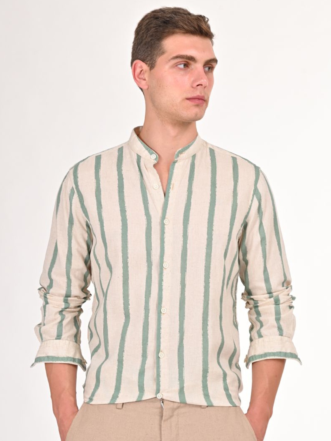 

POE Men Smart Mandarin Collar Vertical Striped Cotton Linen Slim Fit Casual Shirt, Green