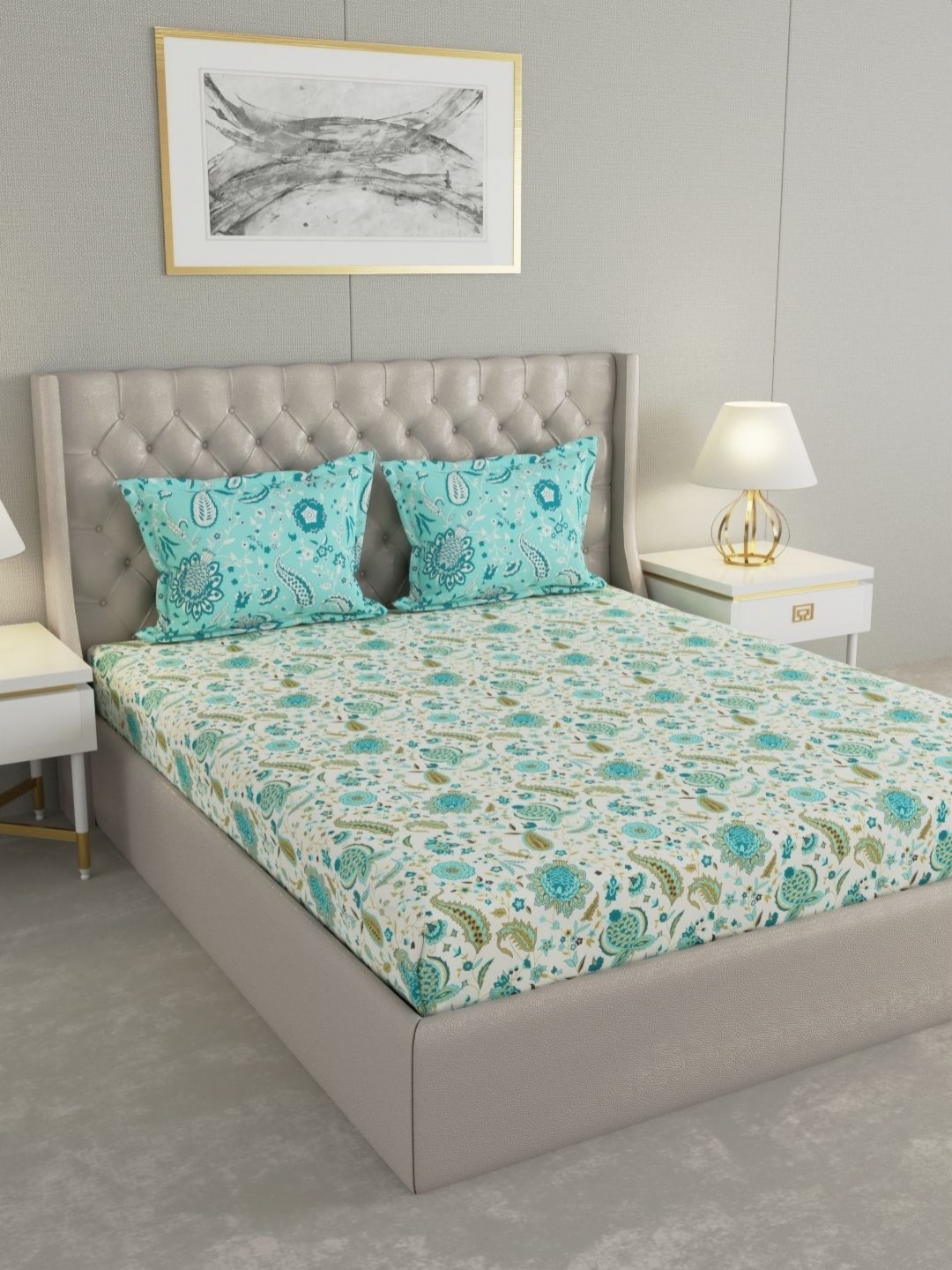 

Raymond Home Camphor Turquoise Blue Floral 144 TC Cotton Queen Bedsheet & 2 Pillow Covers