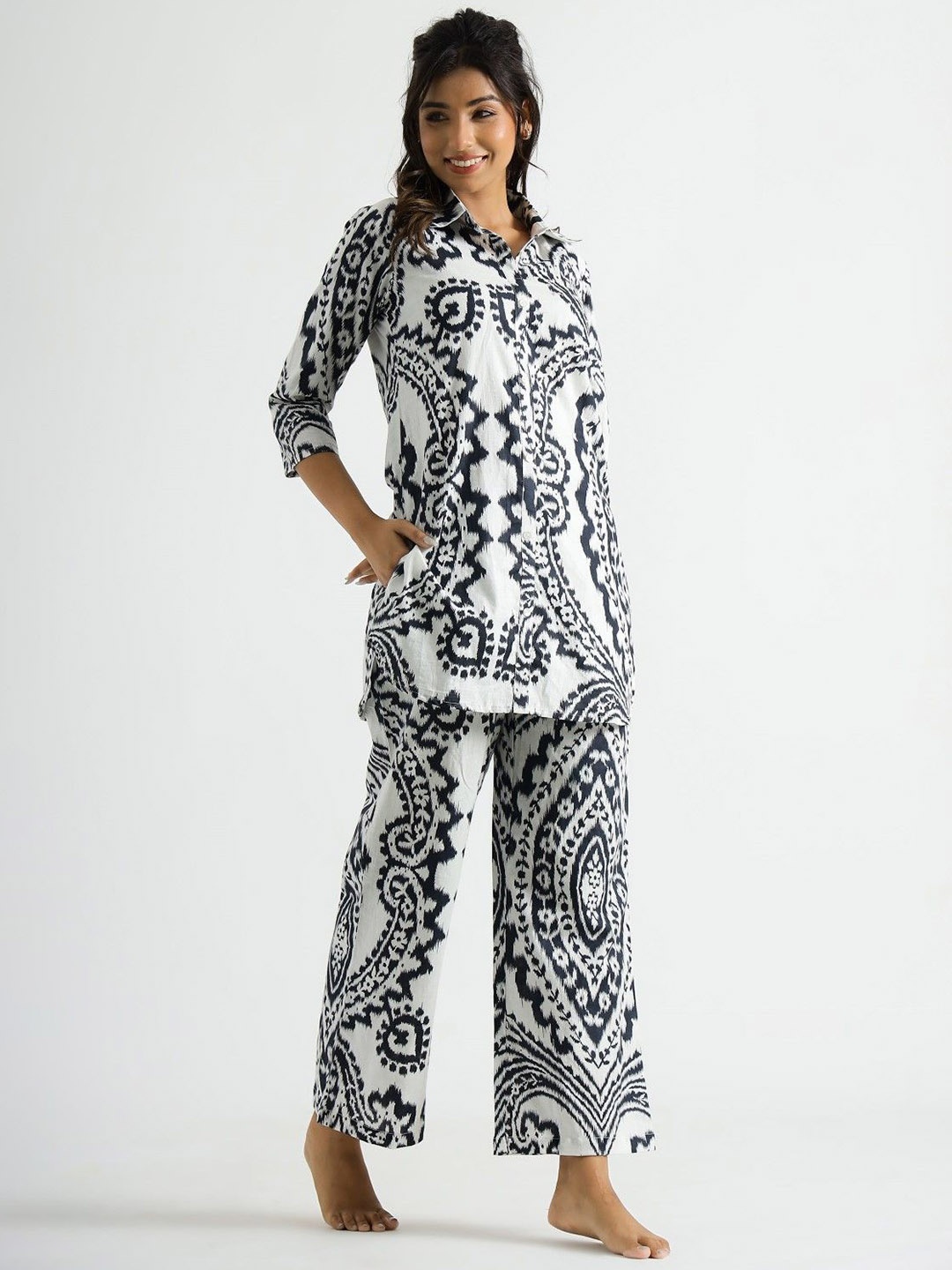 

AUTUMN LANE Freya Zebb Printed Pure Cotton Tunic With Trousers, Black